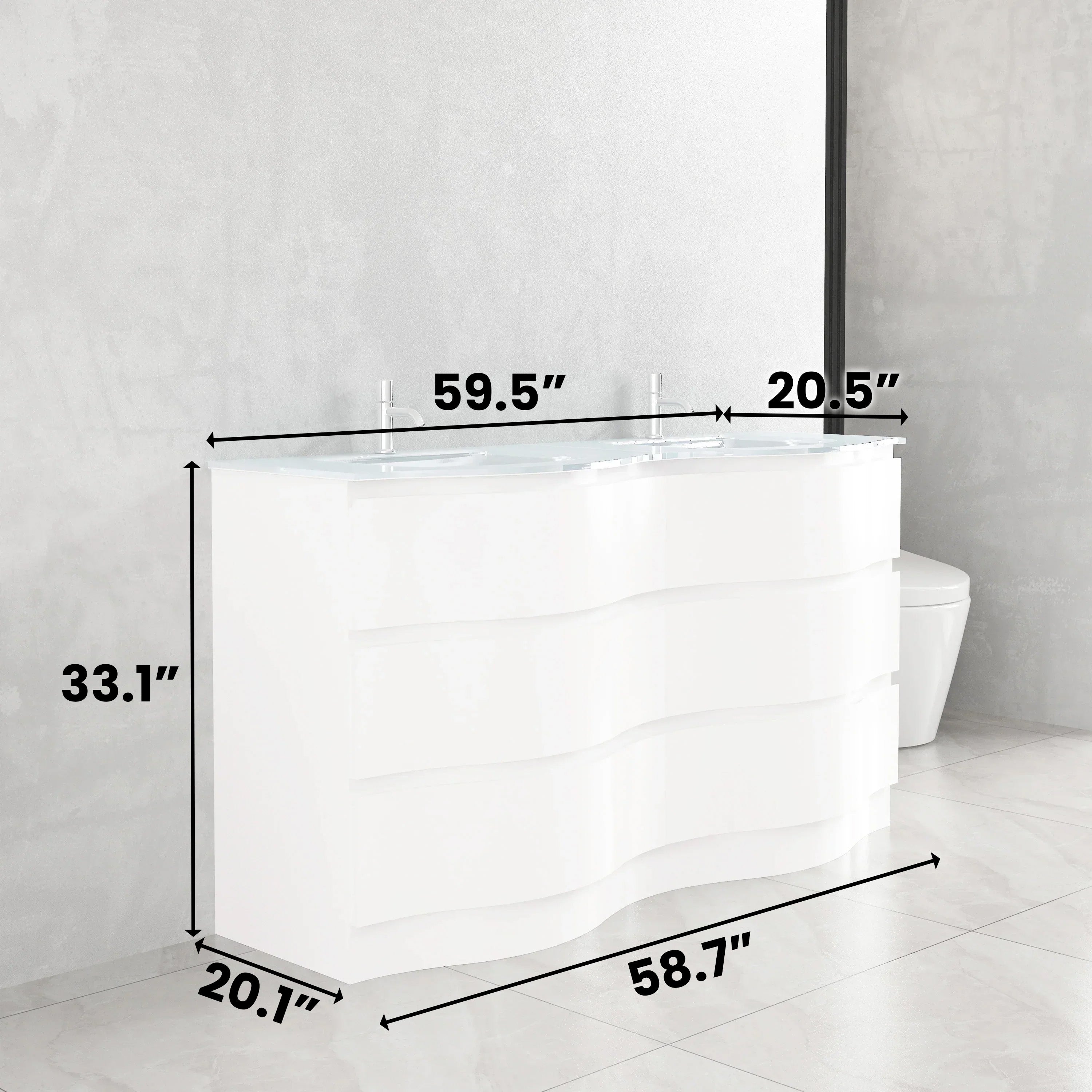 60" Matte White Freestanding Double Sink Bathroom Vanity with White Glass Countertop