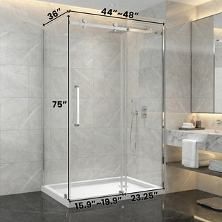 Porte de douche coulissante réversible 48" x 36" x 75" en chrome - Verre 10 mm, installation sur 2 murs avec panneau latéral de 36"
