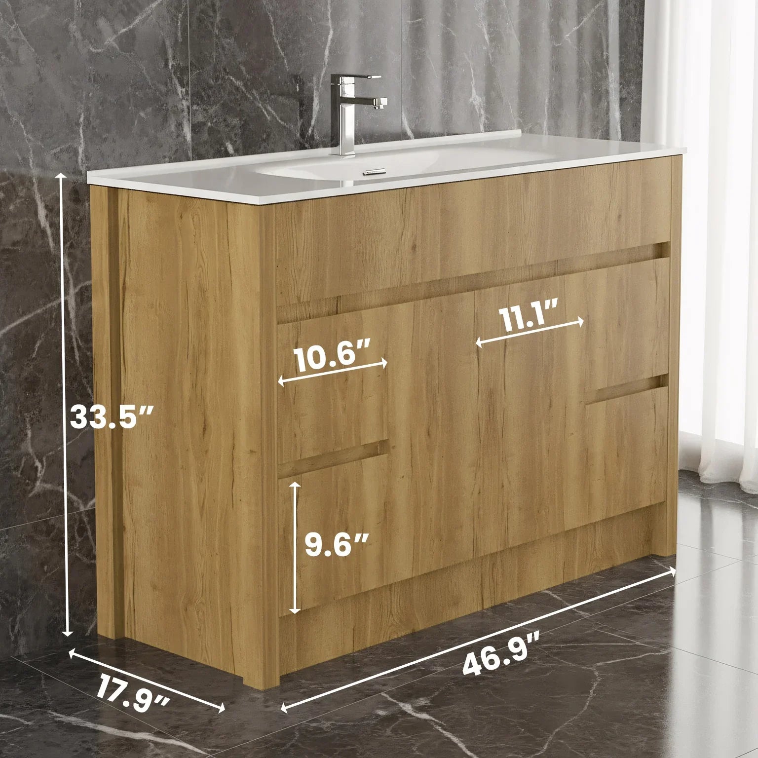 Meuble-Lavabo Autoportant 48po Chêne Givré avec Comptoir de Céramique Blanc