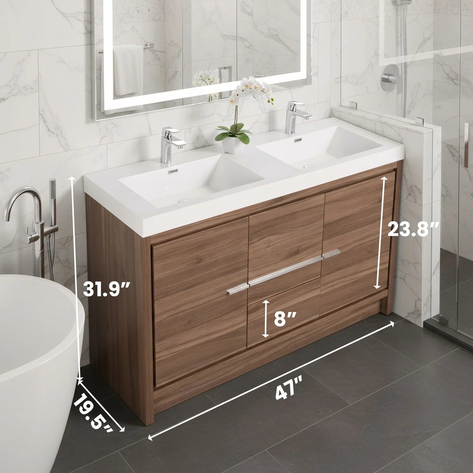 48" Walnut Freestanding Double Sink Bathroom Vanity with White Polymarble Countertop