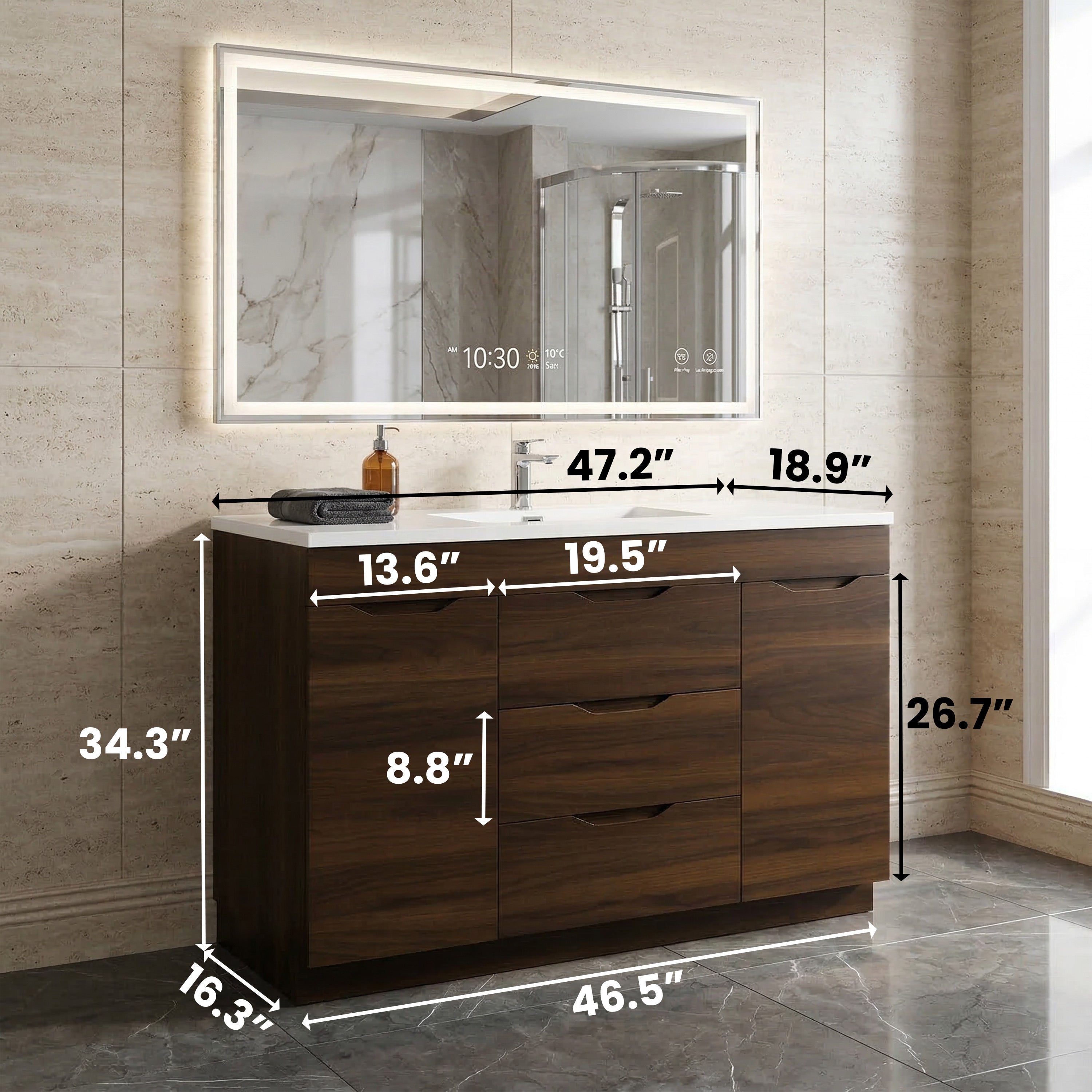 48" Walnut Freestanding Single Sink Bathroom Vanity with White Polymarble Countertop