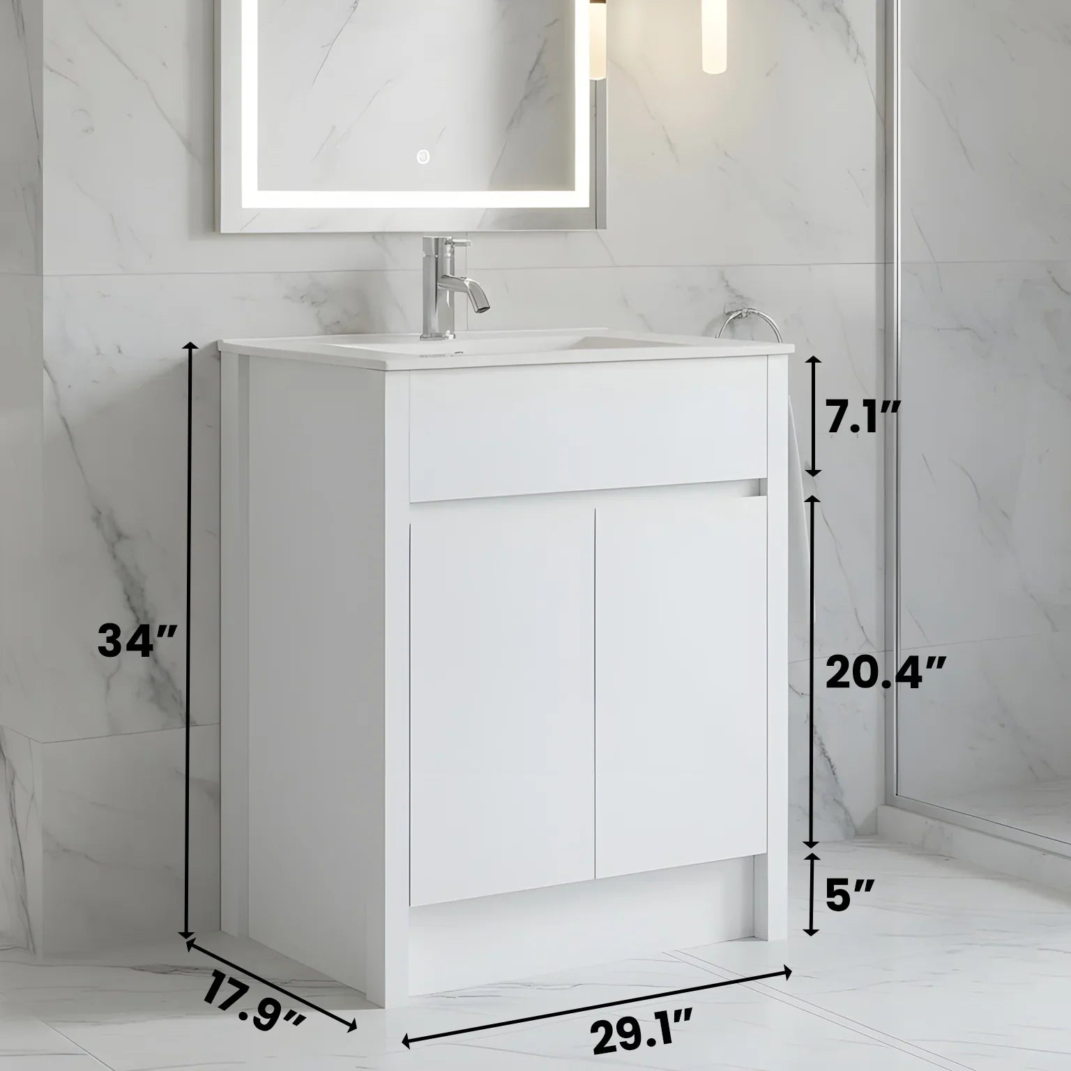 Meuble-Lavabo Autoportant 30po Chêne Blanc avec Comptoir de Céramique Blanc