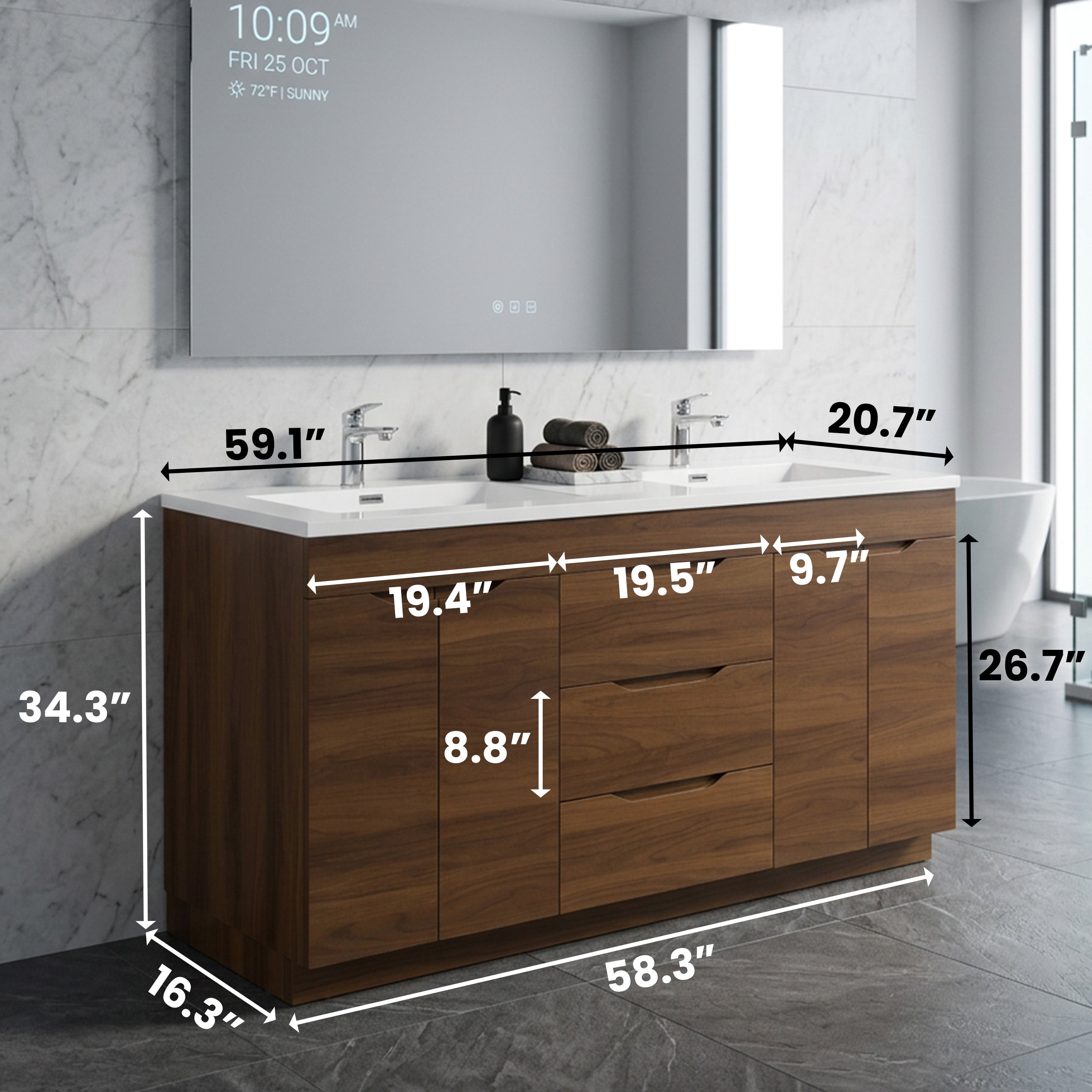 60" Walnut Freestanding Double Sink Vanity with White Polymarble Countertop - Augusta Collection
