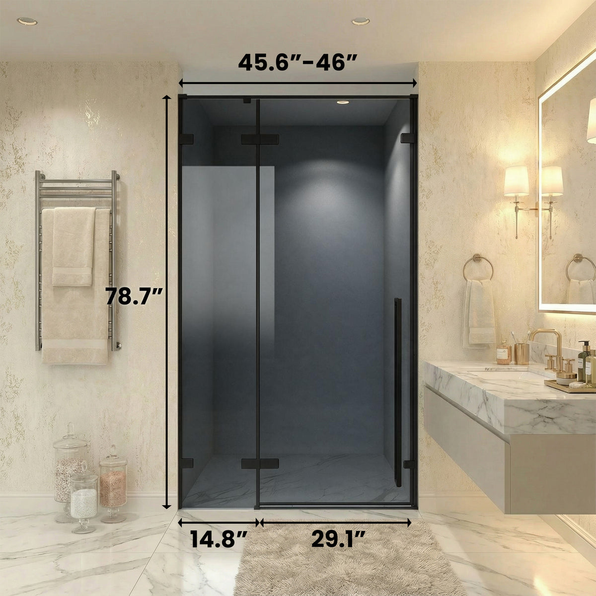 45.6"–46" W (Adjustable Width) x 79" H Frameless Reversible Pivot Shower Door in Matte Black with Black Tinted Glass