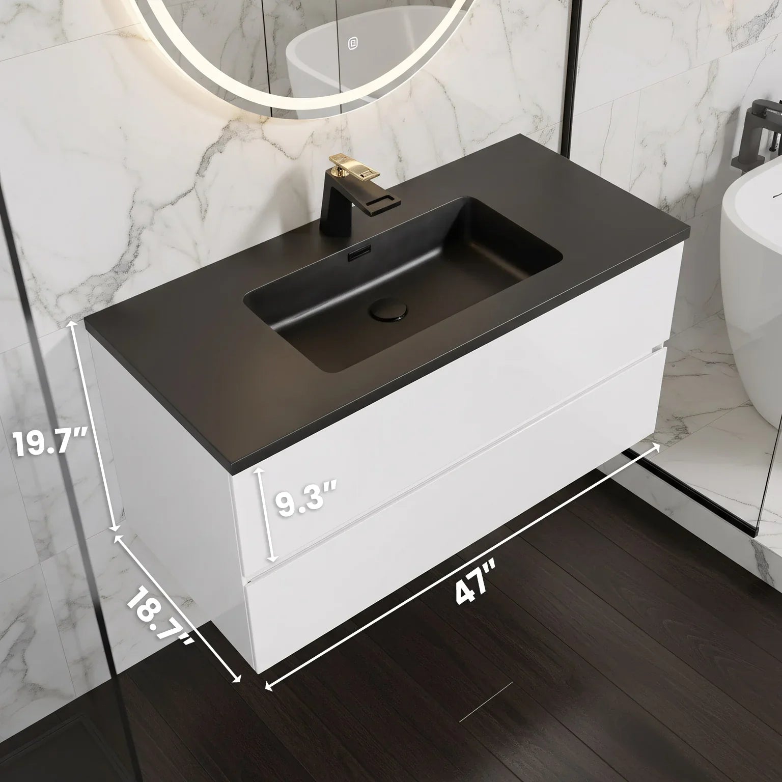 48" White Wall Mount Single Sink Bathroom Vanity with Black Engineered Quartz Countertop