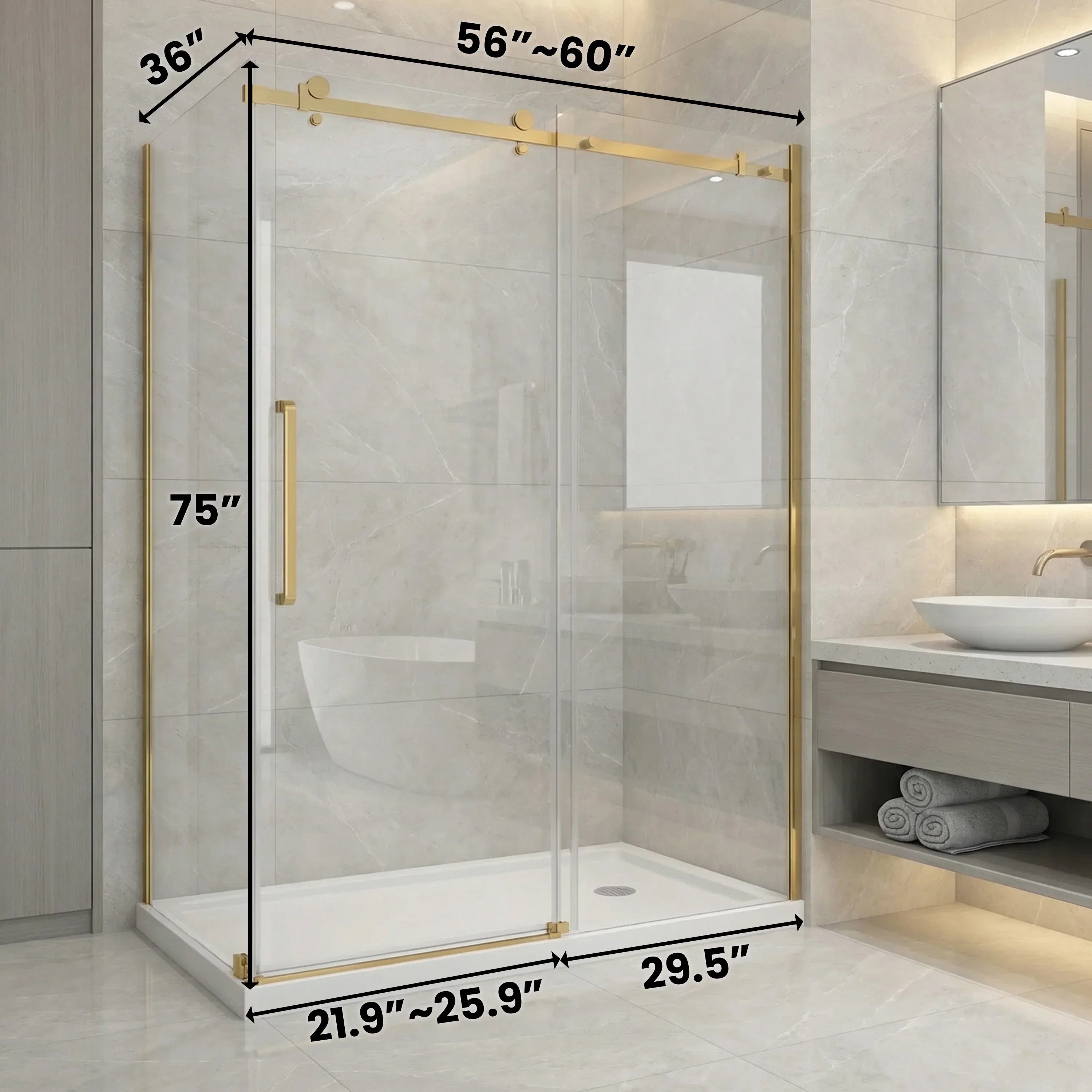 Porte de douche coulissante 60po x 36po x 75po en or brossé avec panneau latéral 36po