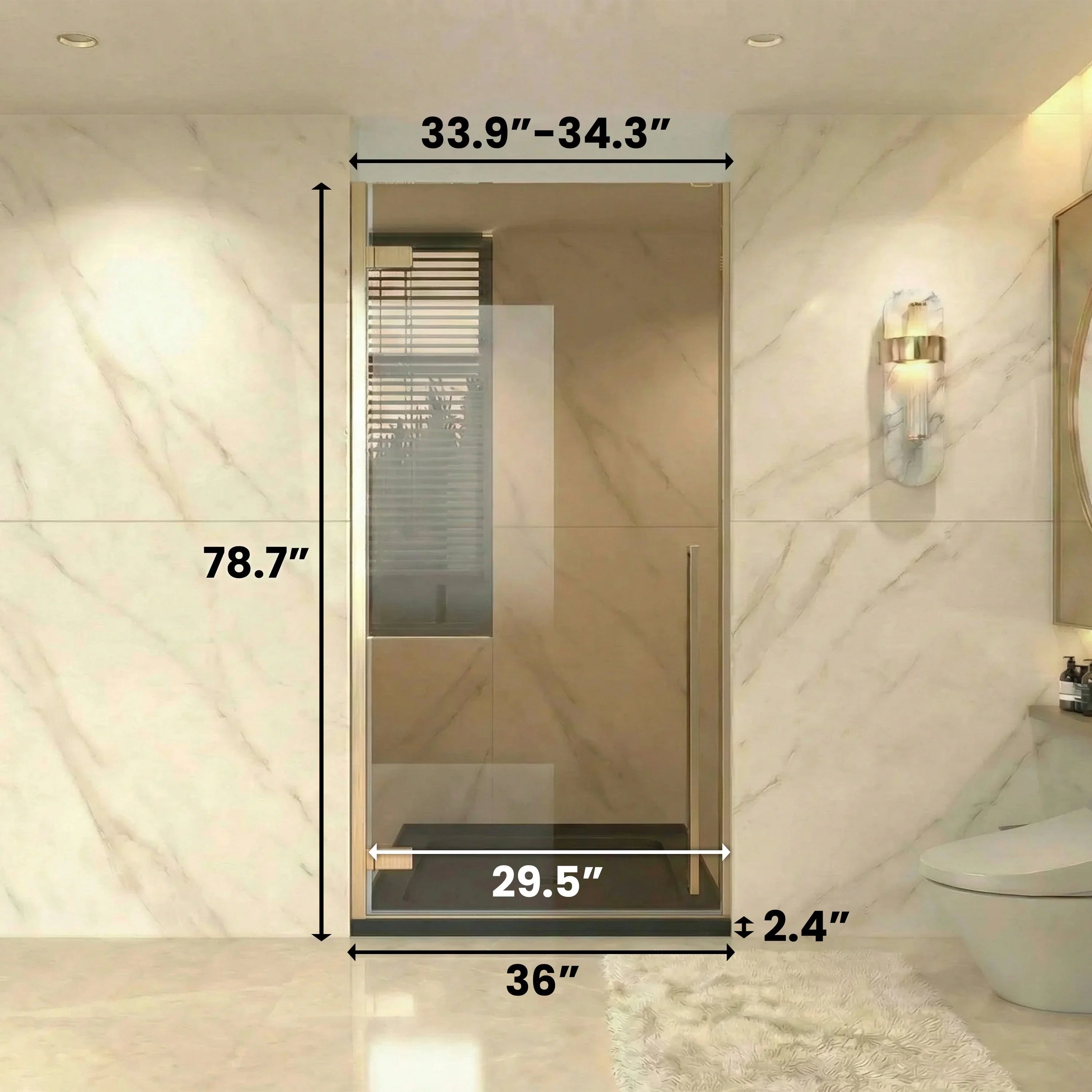 Porte de douche pivotante or brossé 36po x 79po avec verre teinté brun et base noire 36po