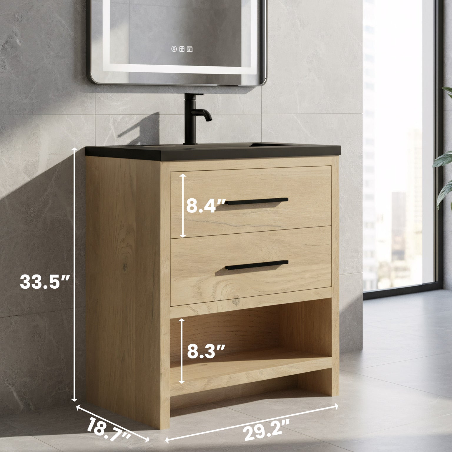 30" Rough Oak Freestanding Bathroom Vanity with Black Engineered Quartz Countertop