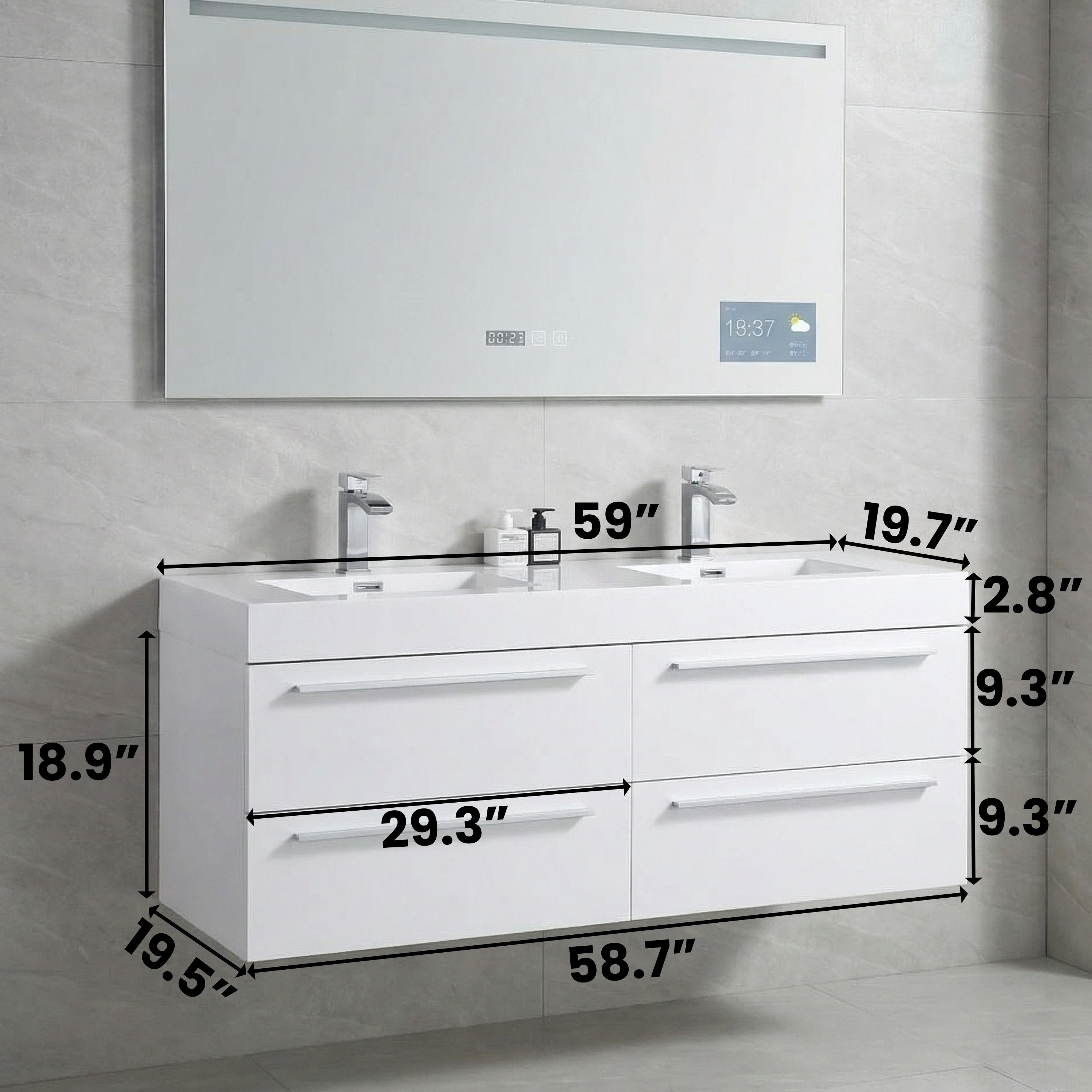 Meuble-Lavabo Mural Blanc de 60 po avec Comptoir en Polymarbre Blanc