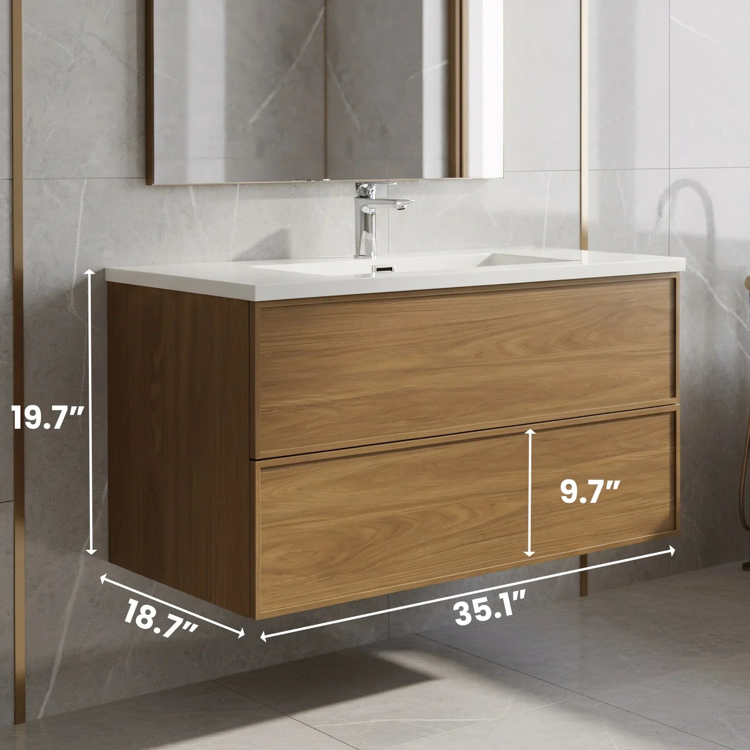 Meuble-Lavabo Mural 36po Noyer Miel Doré avec Comptoir de Polymarbre Blanc