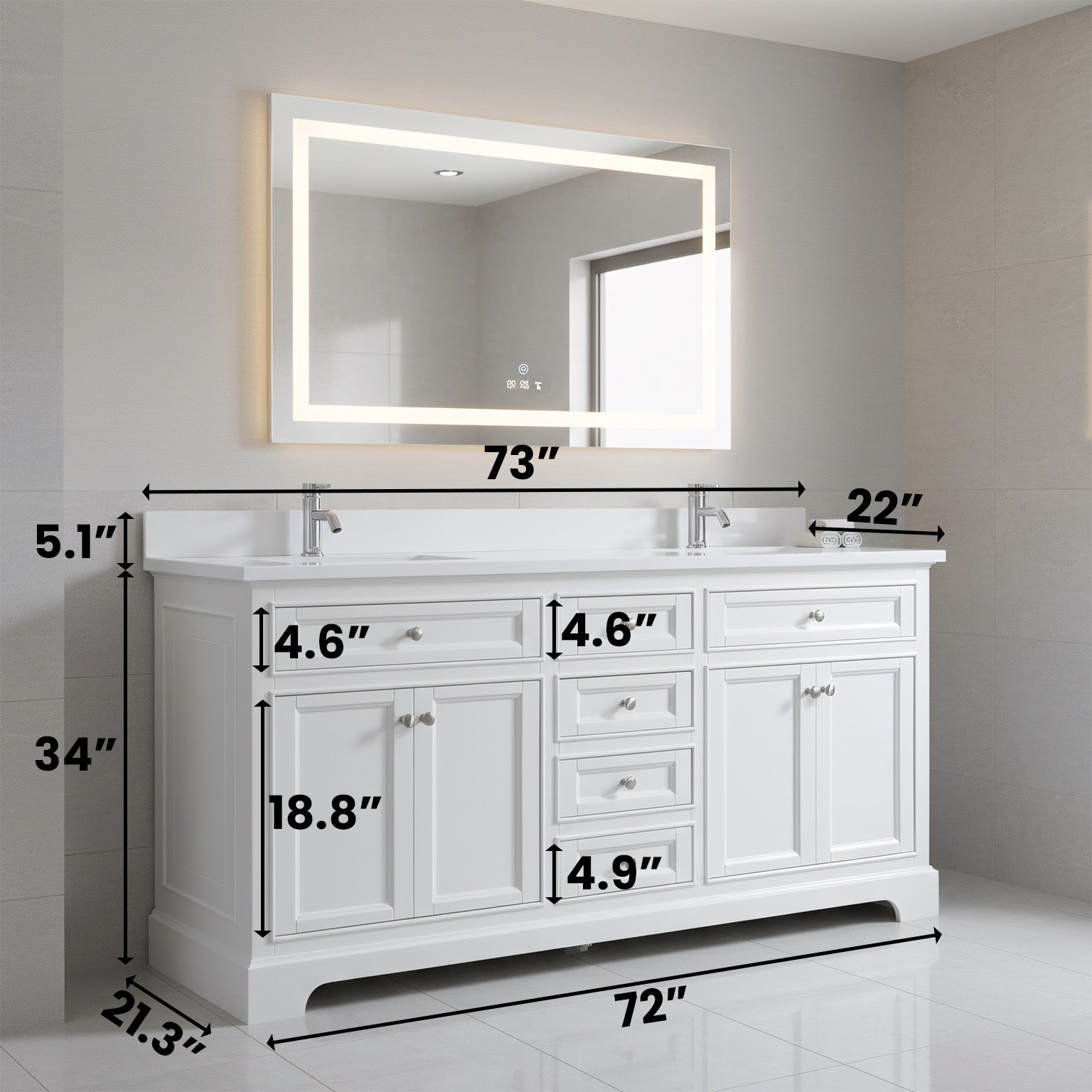 Meuble-lavabo autoportant blanc de 72 po avec comptoir en marbre blanc reconstitué