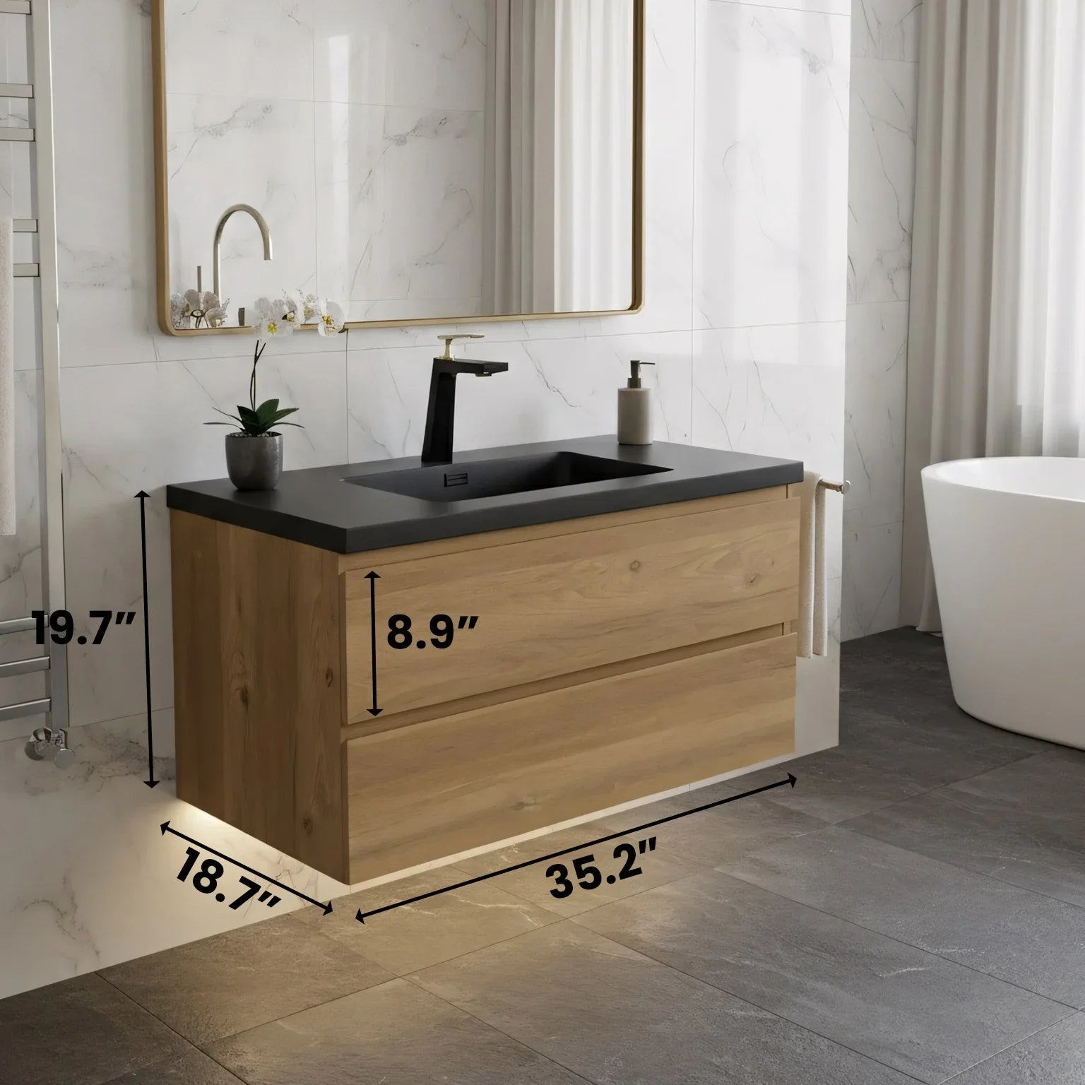 Meuble-Lavabo Mural 36po Chêne Brut avec Comptoir de Quartz d'ingénierie Noir