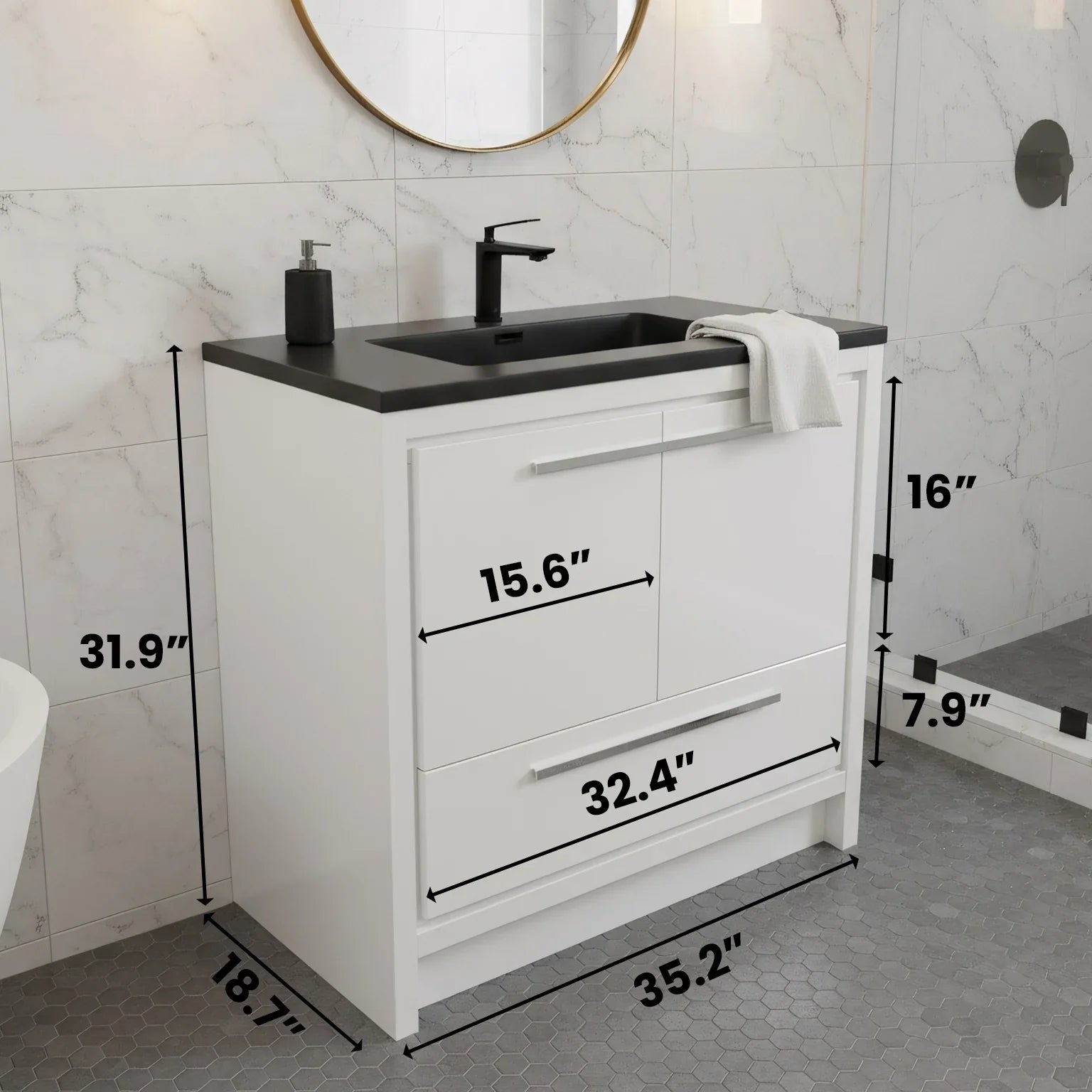 36" Glossy White Freestanding Bathroom Vanity with Black Engineered Quartz Countertop