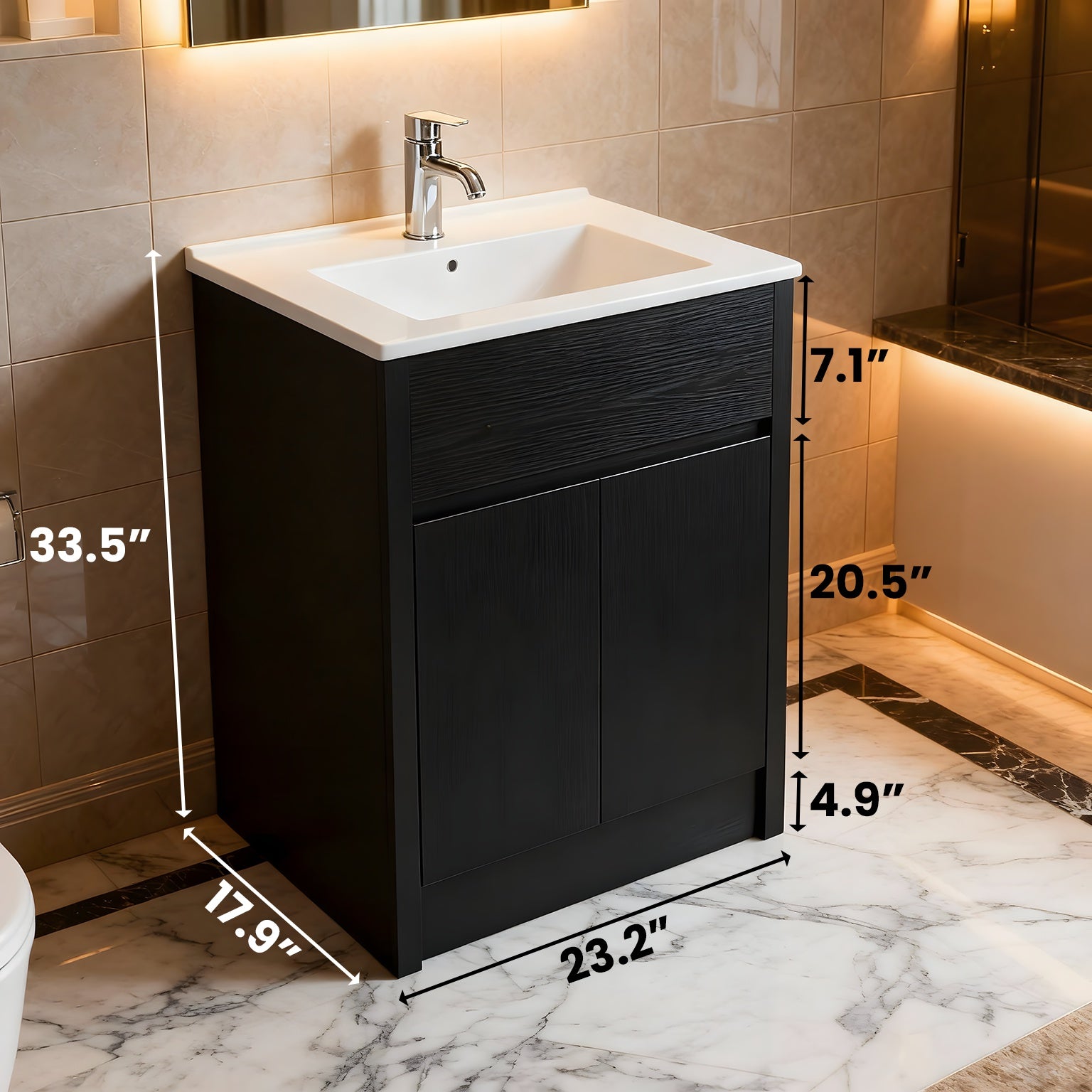 24" Dark Brown Oak Freestanding Bathroom Vanity with White Ceramic Countertop