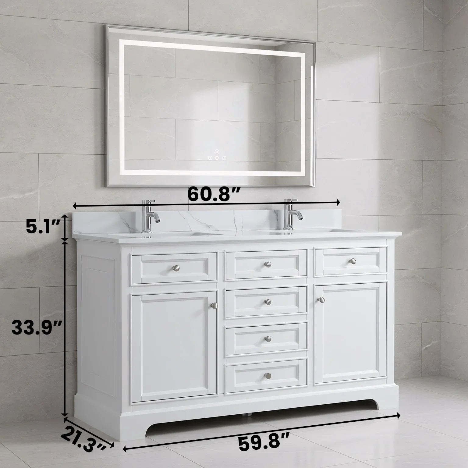 60" White Freestanding Double Sink Bathroom Vanity with Engineered Calcutta Marble Countertop