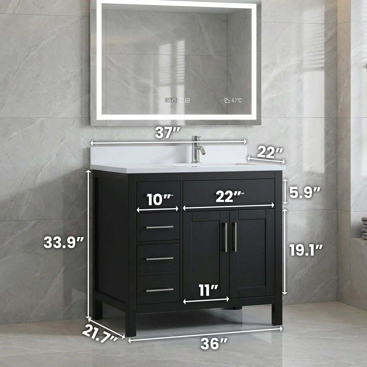 Meuble-lavabo autoportant noir de 36 po avec comptoir en marbre blanc reconstitué