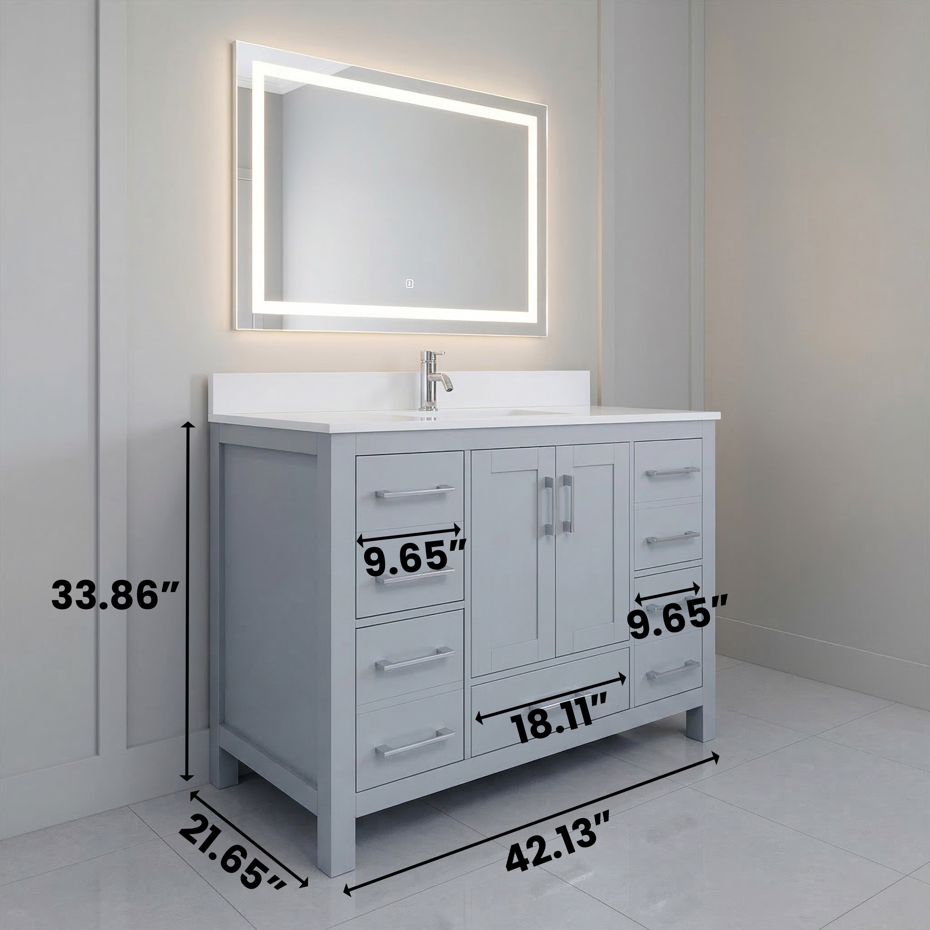 Meuble-lavabo autoportant gris Hampton 42po avec comptoir en marbre blanc reconstitué