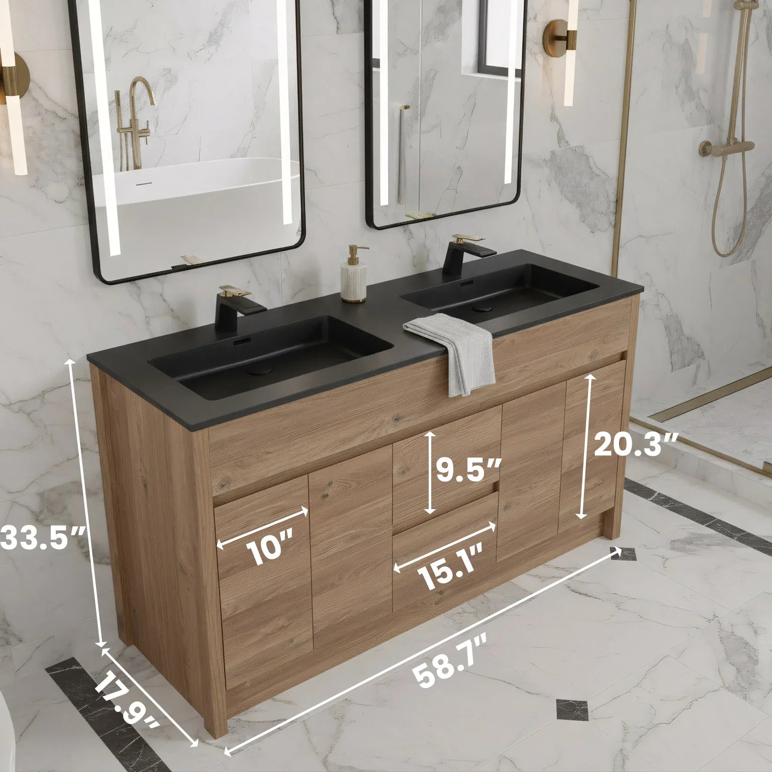 60" Rough Oak Freestanding Double Sink Bathroom Vanity with Black Engineered Quartz Countertop