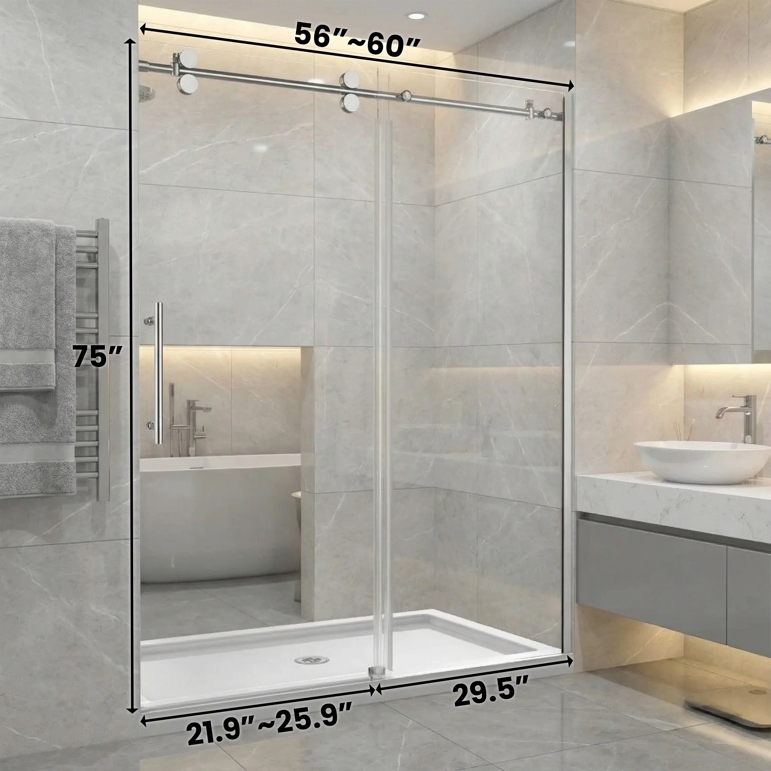 Porte de douche coulissante réversible alcôve 60po x 75po - Quincaillerie ronde chromée, verre 10mm