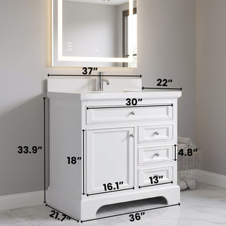 36" White Freestanding Single Sink Bathroom Vanity with Snow White Countertop