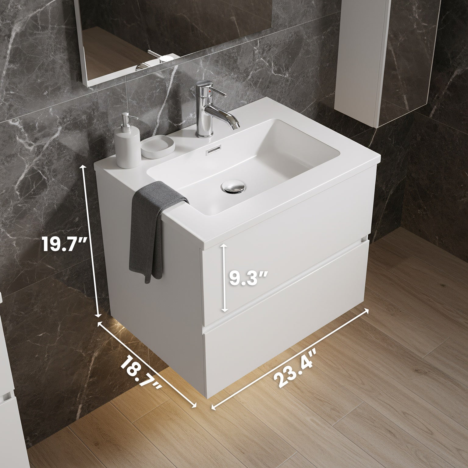 24" White Wall Mount Single Sink Bathroom Vanity with White Polymarble Countertop