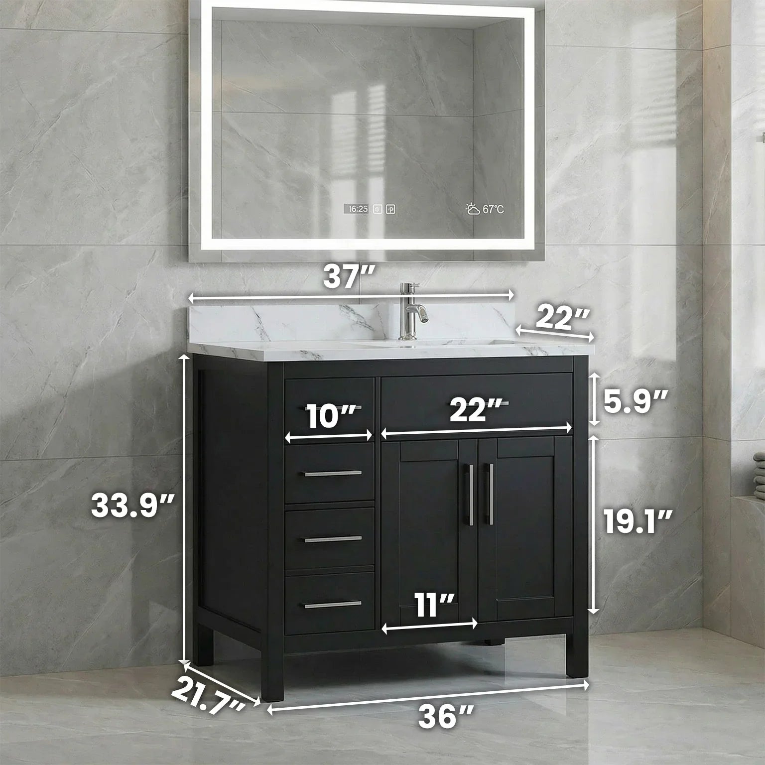 Meuble-Lavabo Autoportant 36 po Noir avec Comptoir de Marbre Ingénierie Calcutta