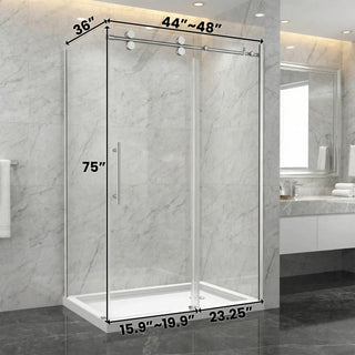 Porte de Douche Coulissante Réversible Chromée de 48 po x 36 po x 75 po - Verre de 10mm, Installation à 2 Murs avec Panneau Latéral de 36 po