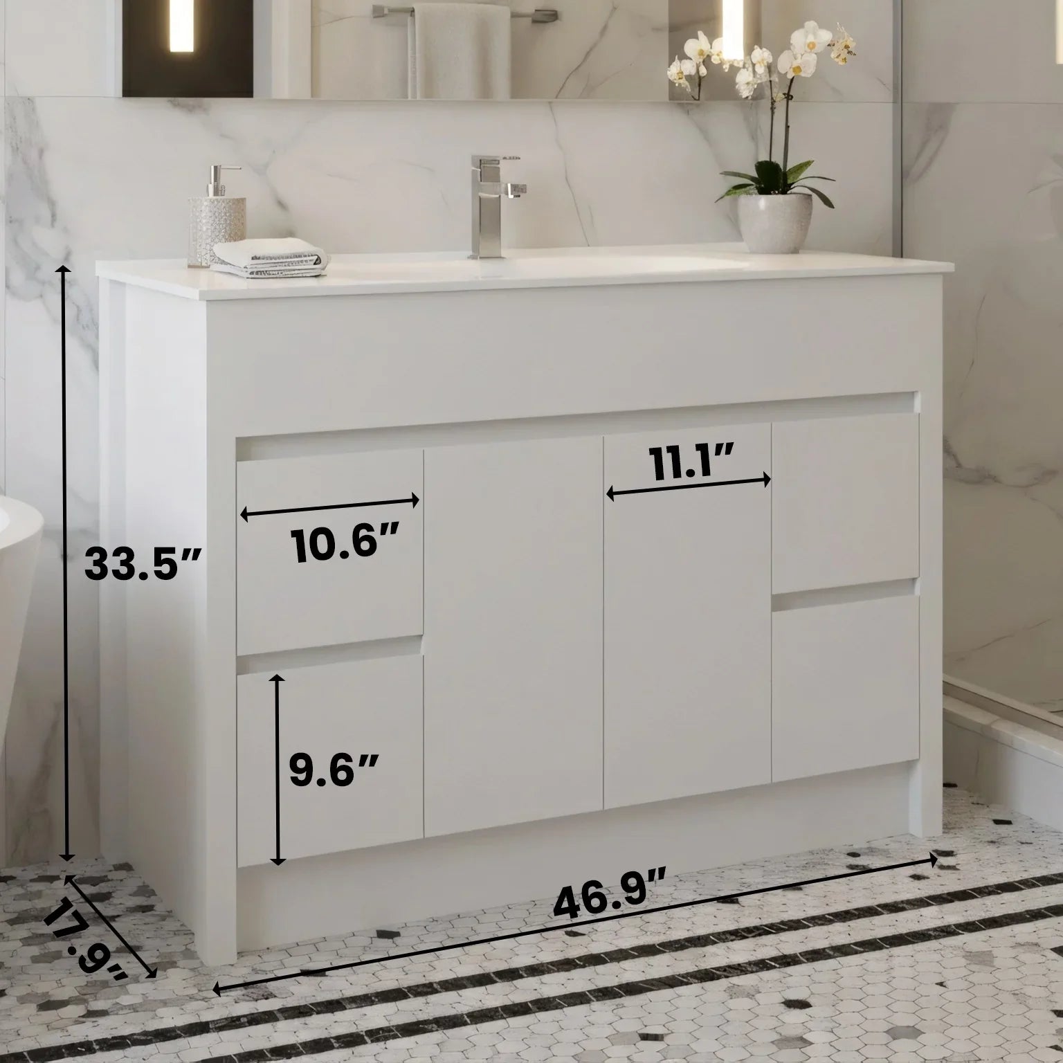 Meuble-Lavabo Autoportant 48po Blanc Mat avec Comptoir de Céramique Blanc