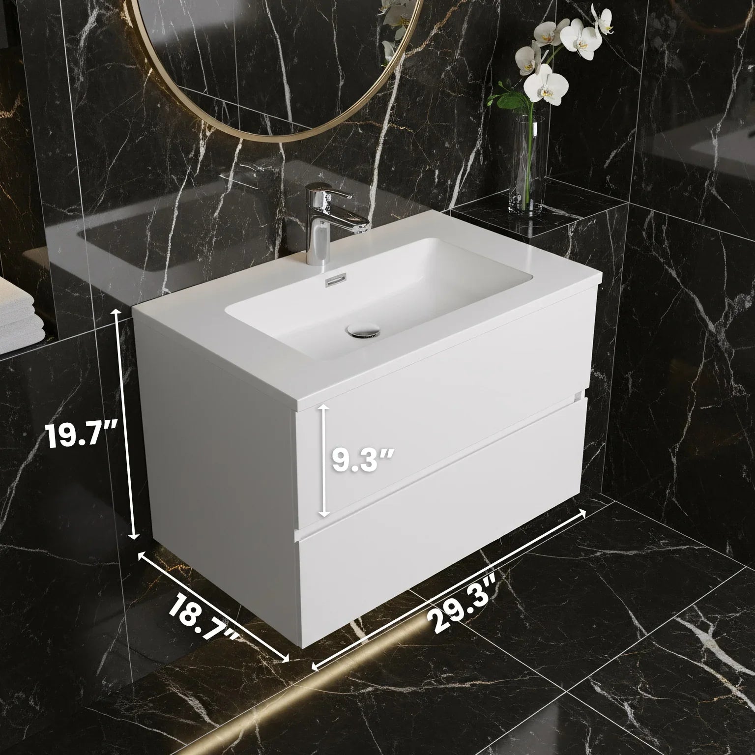 Meuble-lavabo mural blanc 30" pour salle de bain avec Comptoir en polymarbre blanc