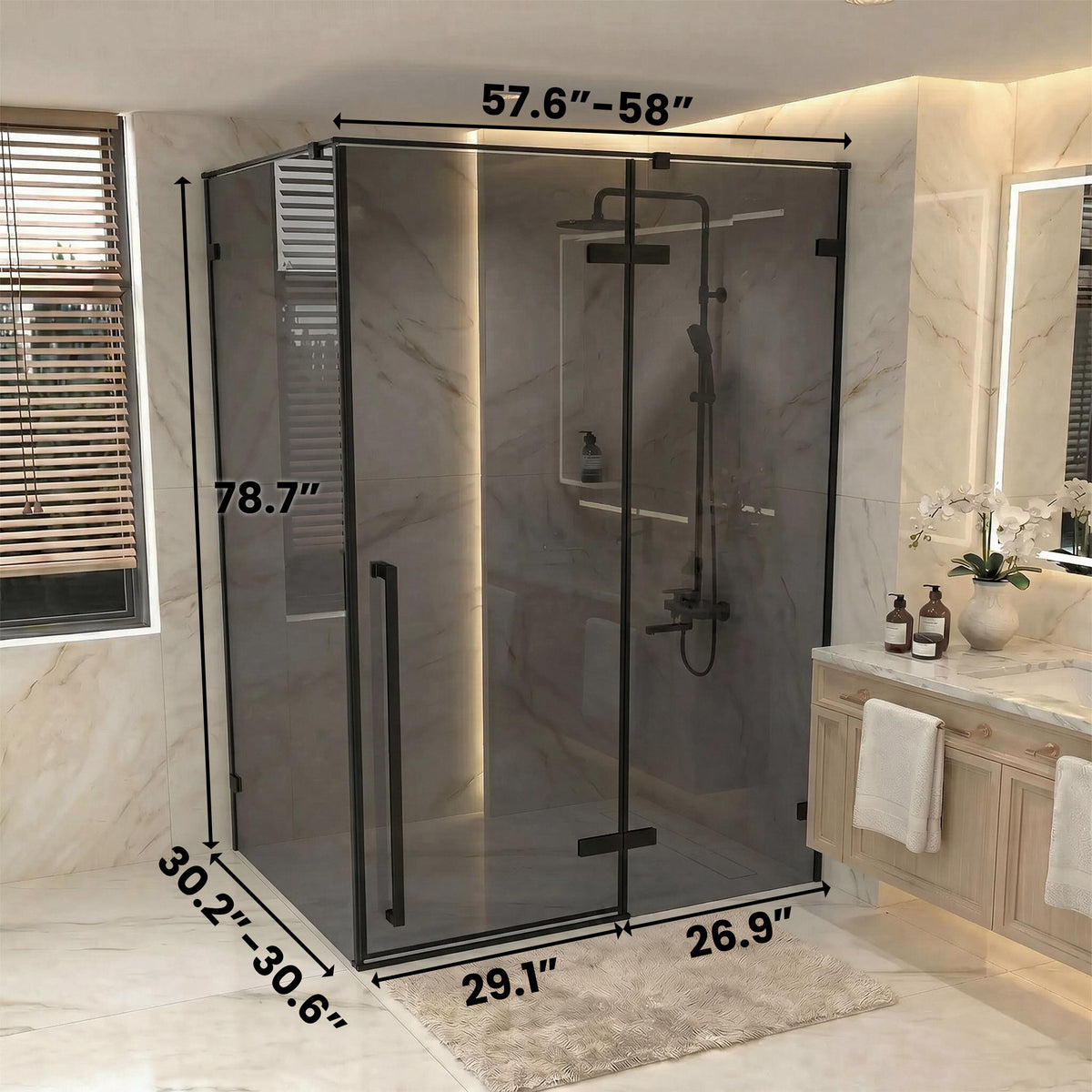 57.6"–58" W (Adjustable Width) x 79" H Frameless Reversible Pivot Shower Door in Matte Black with Black Tinted Glass & 30.2"–30.5" Side Panel