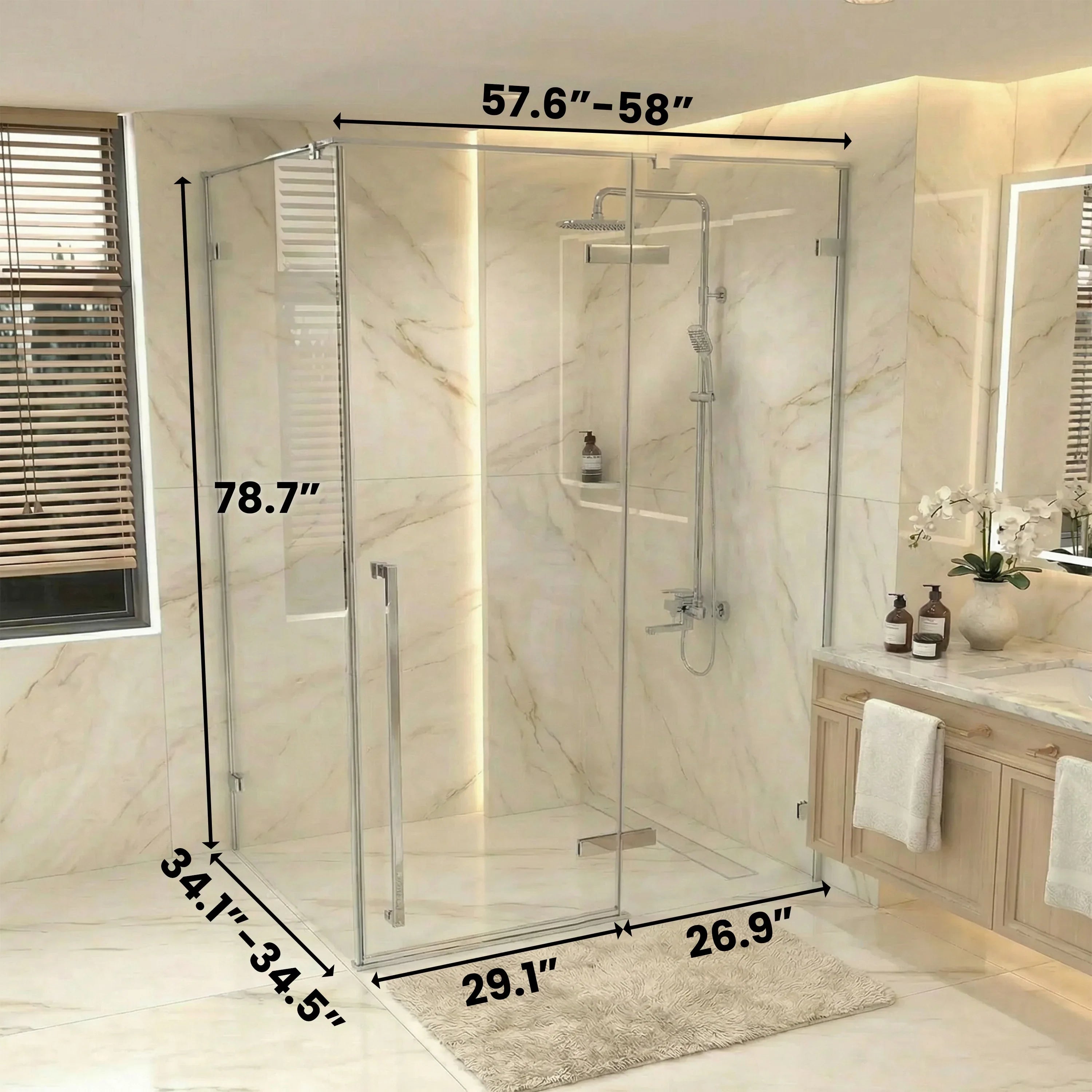 Porte de douche pivotante chromée 60po x 79po avec panneau latéral 36po - Verre clair