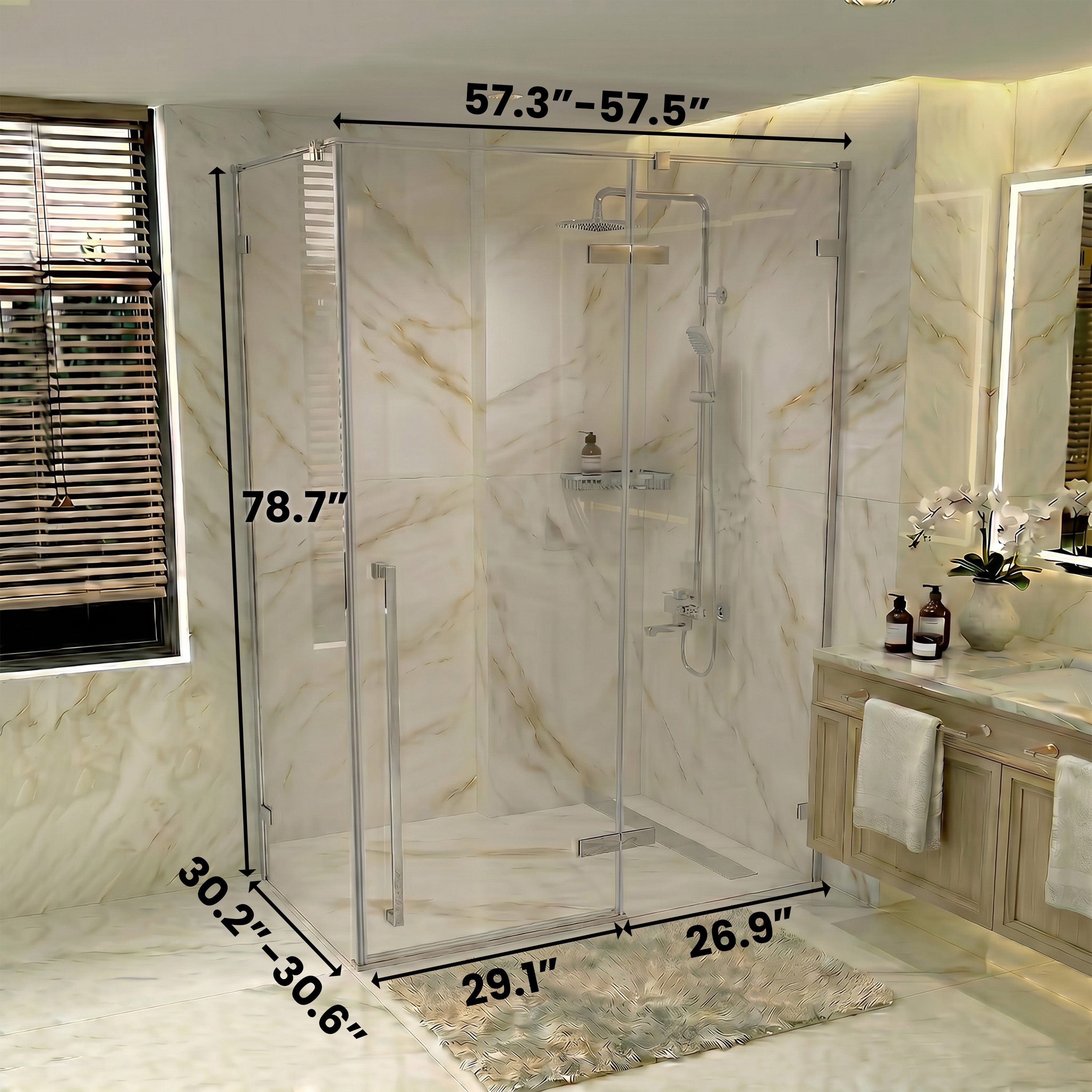 60" x 79" Chrome Reversible Pivot Shower Door with 32" Side Panel - Clear Tempered Glass
