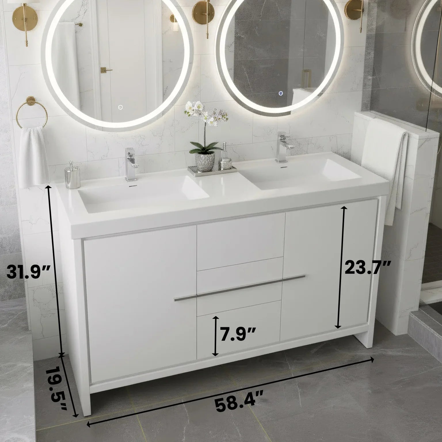 Meuble-Lavabo Autoportant 60po Blanc Brillant avec Comptoir de Polymarbre Blanc 