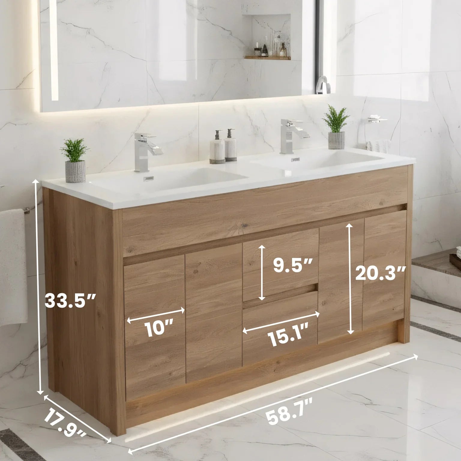 60" Rough Oak Freestanding Double Sink Bathroom Vanity with White Polymarble Countertop