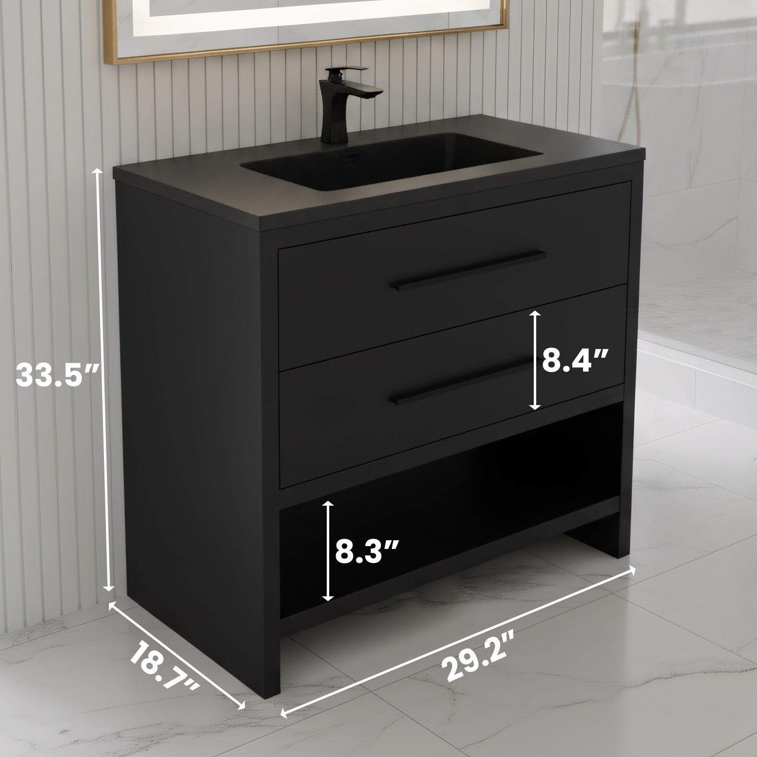 30" Black Oak Freestanding Single Sink Bathroom Vanity with Black Engineered Quartz Countertop