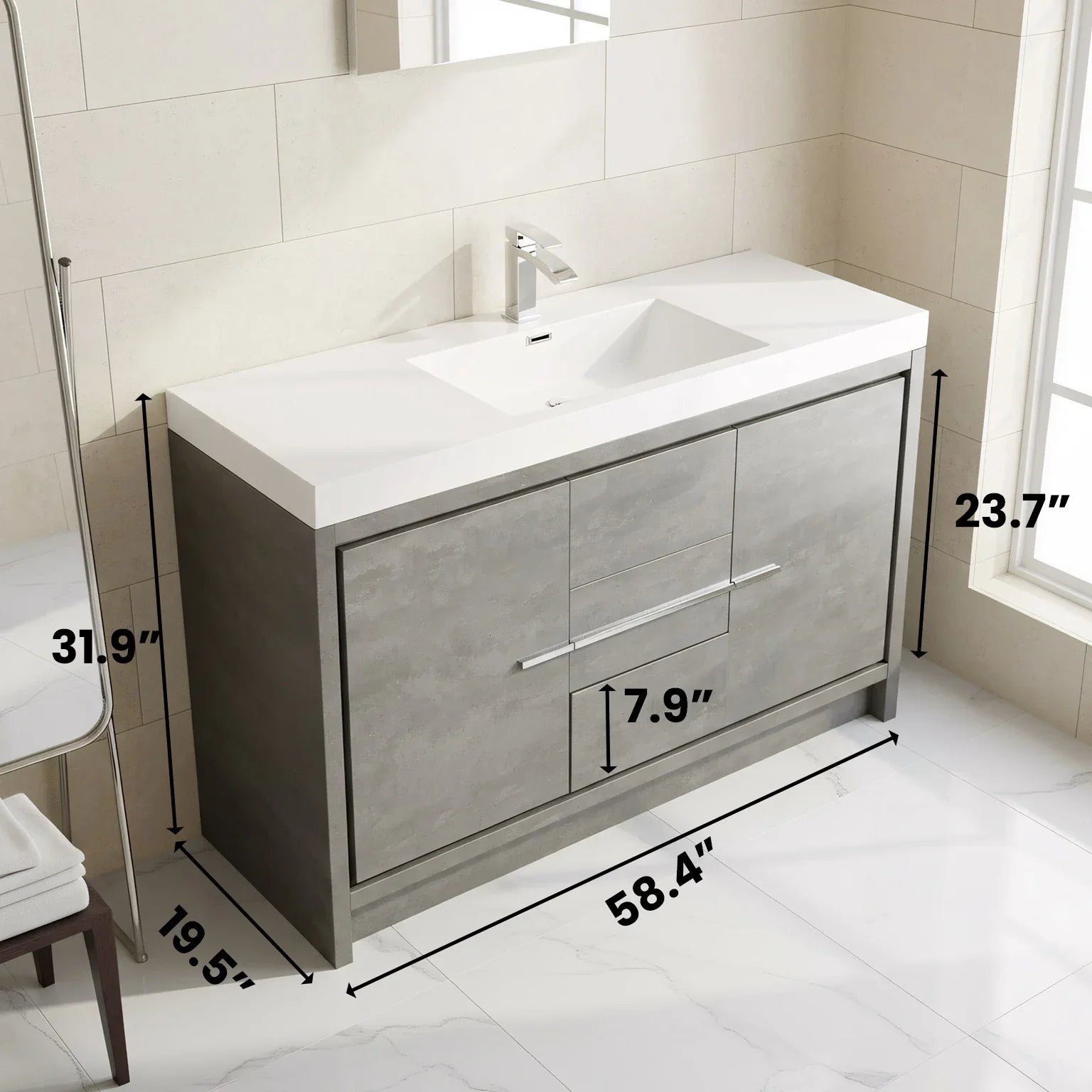 60" Cement Freestanding Single Sink Bathroom Vanity with White Polymarble Countertop