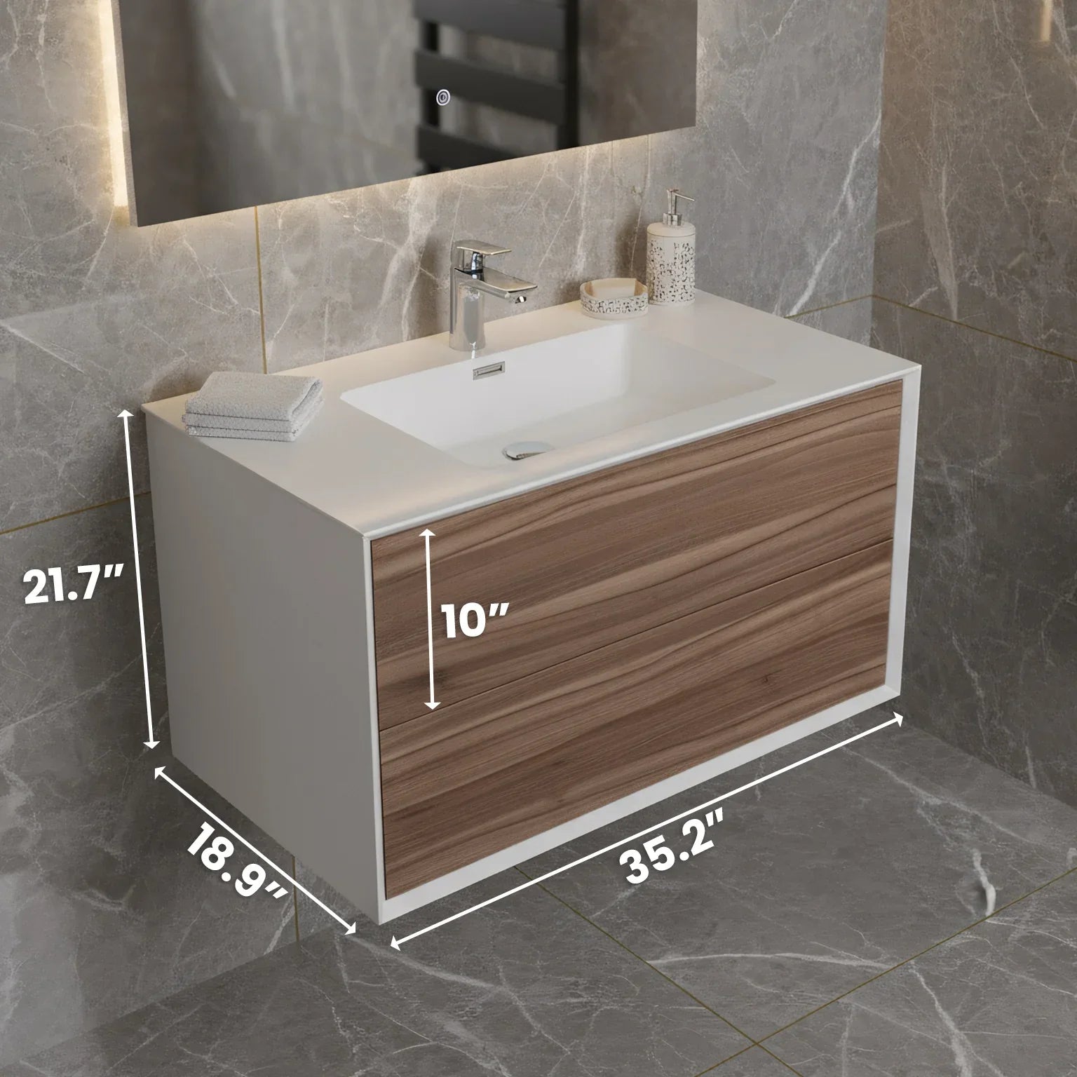 36" Walnut Wall Mount Vanity with White Polymarble Countertop