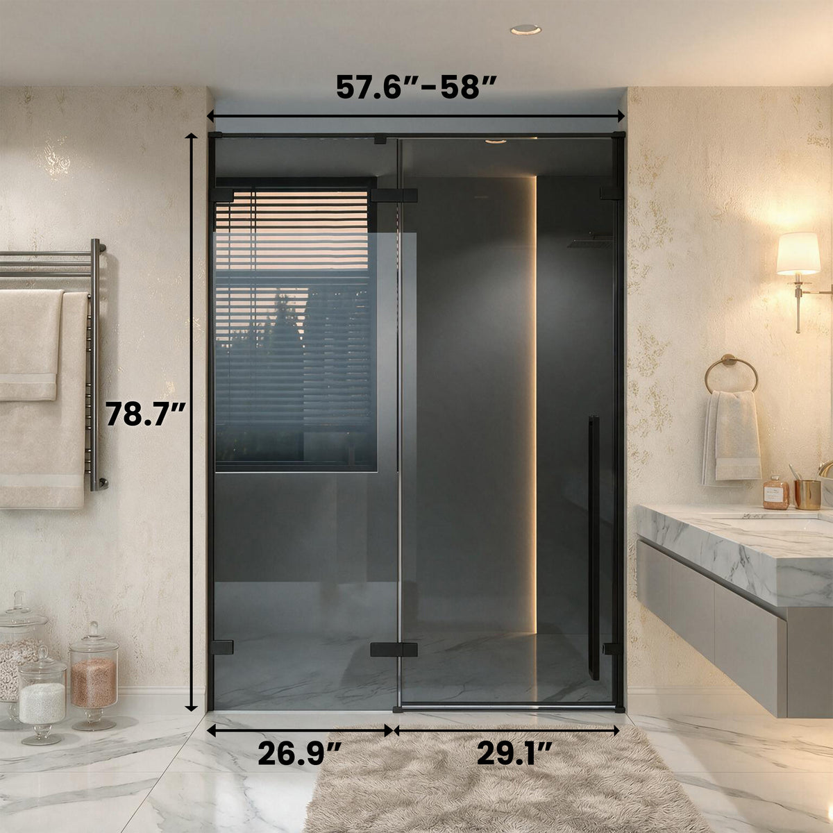 57,6po–58po L (largeur ajustable) x 79po H Porte de douche pivotante réversible sans cadre en noir mat avec verre teinté noir