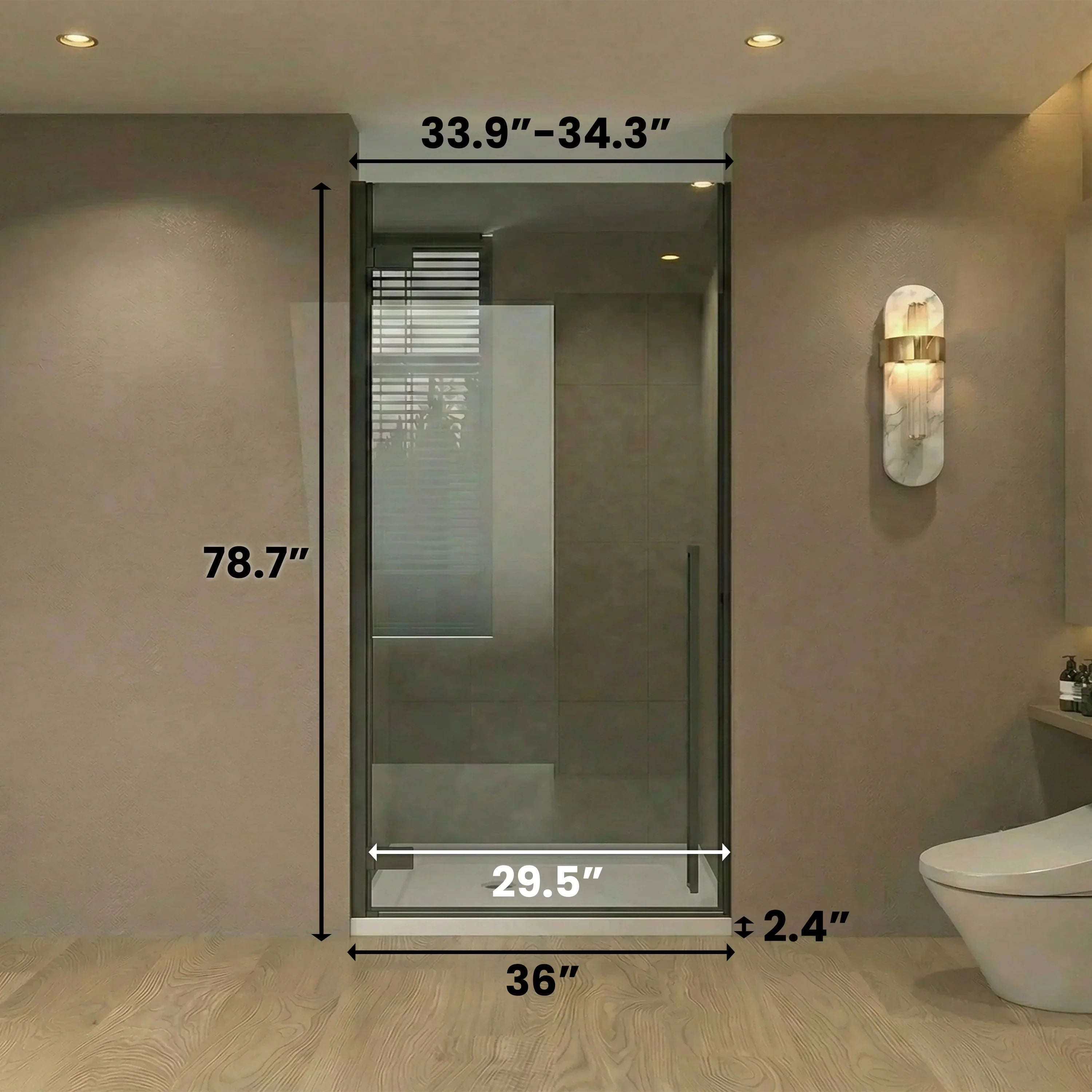 Porte de douche pivotante noir mat 36po x 79po avec verre teinté noir et base de douche blanche 36po