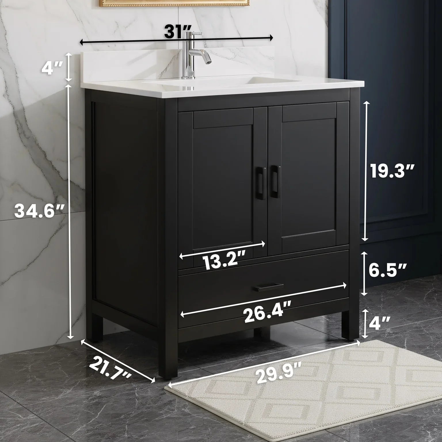 Meuble-Lavabo Autoportant 30po Noir avec Comptoir de Polymarbre Ingénierie Calcutta