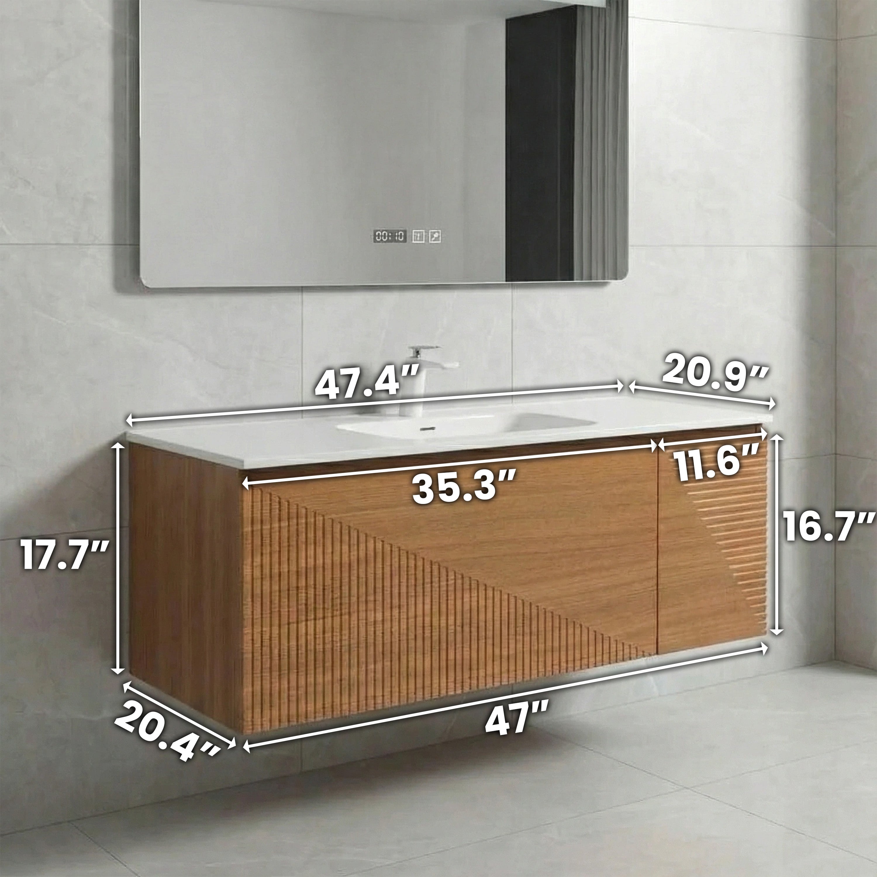 Meuble-Lavabo Mural 48po Chêne Clair avec Comptoir de Surface Solide Blanc