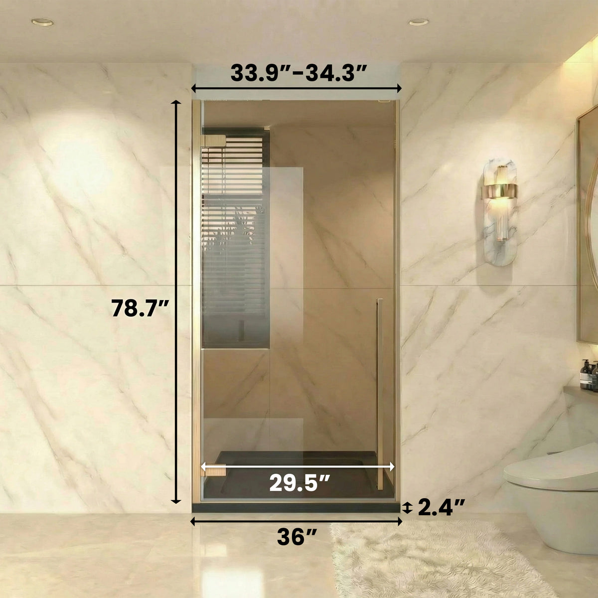 33,9po–34,3po L (largeur ajustable) x 79po H Porte de douche pivotante réversible sans cadre en or brossé avec verre teinté brun et base de douche noire brillante