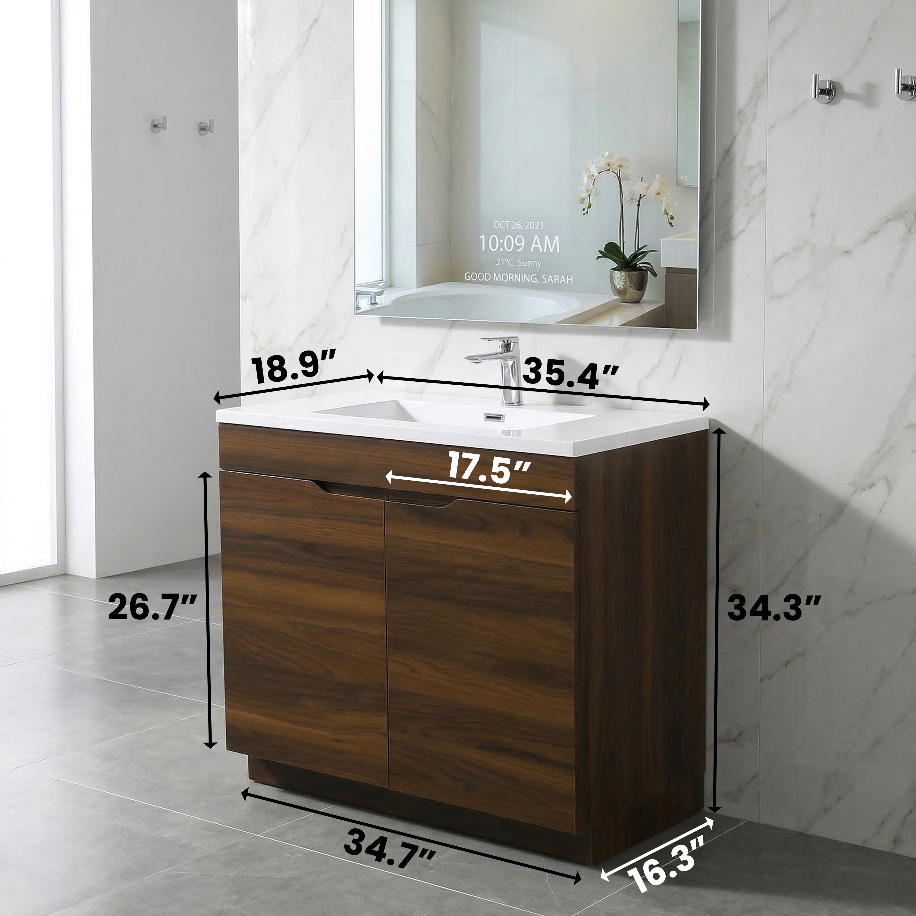 36" Walnut Freestanding Single Sink Bathroom Vanity with White Polymarble Countertop