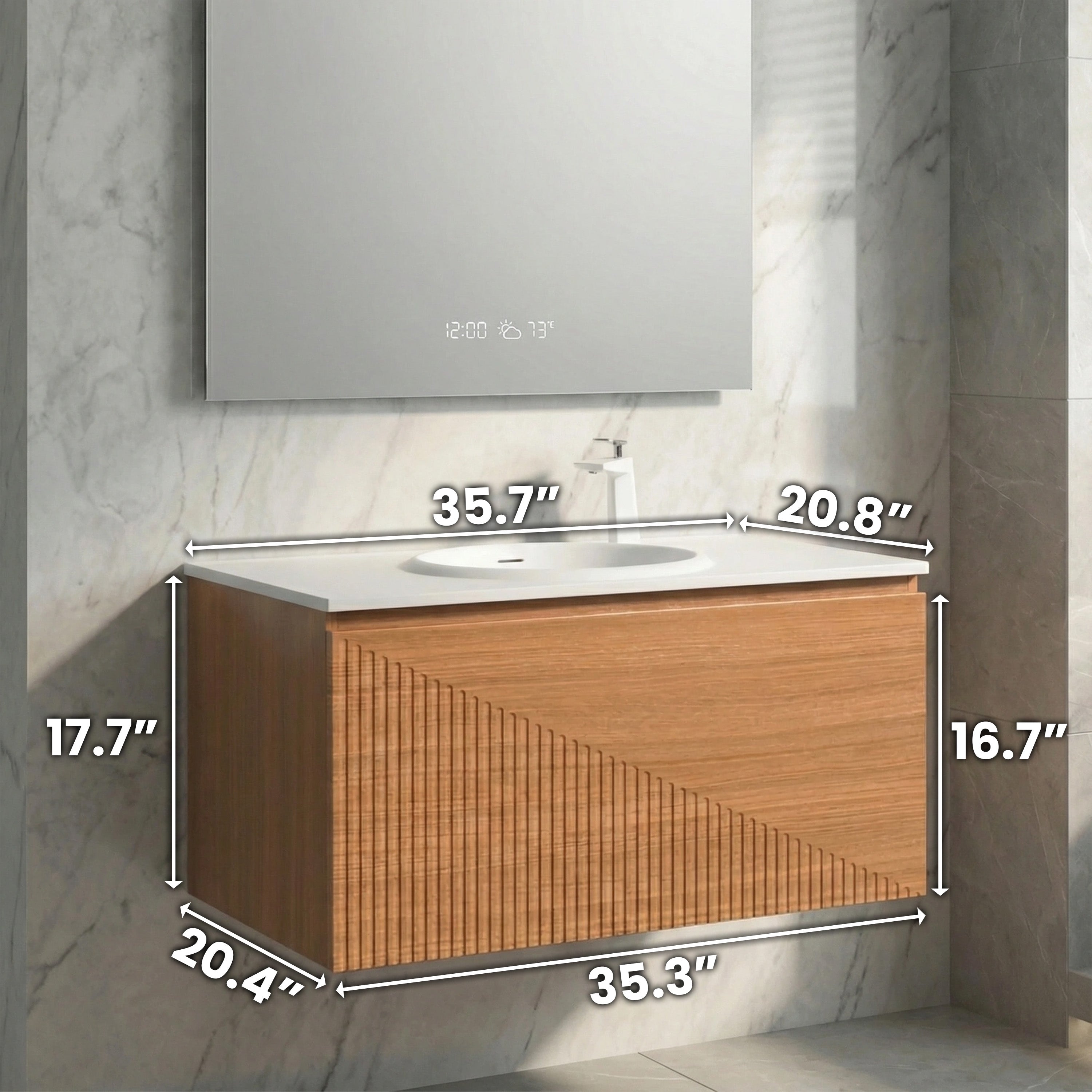 Meuble-Lavabo Mural 36po Chêne Clair avec Comptoir de Surface Solide Blanc