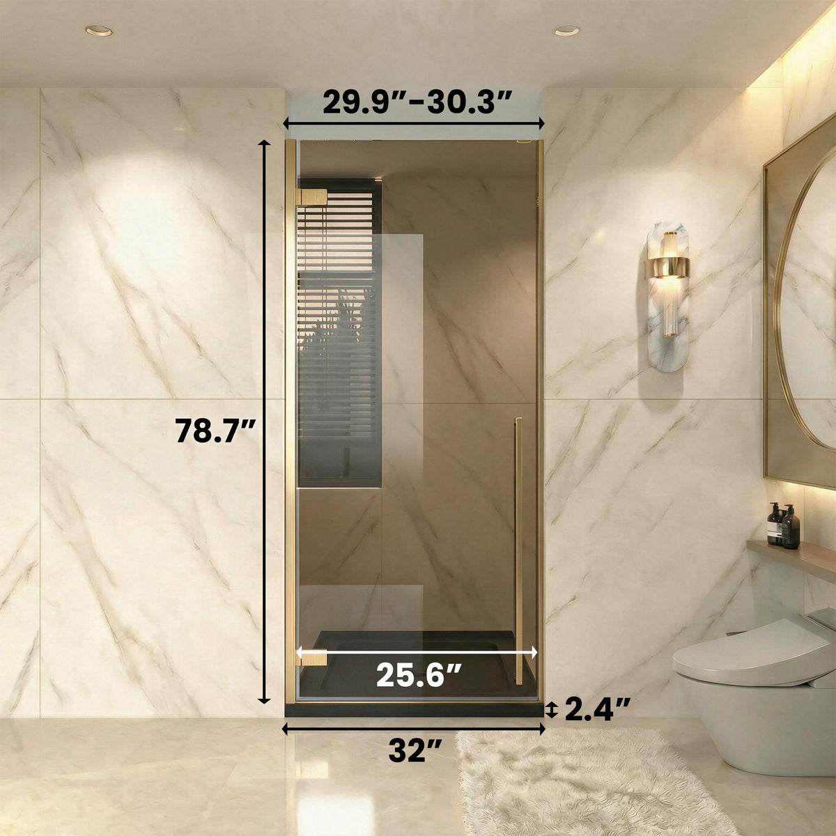 29,9po–30,3po L (largeur ajustable) x 79po H Porte de douche pivotante réversible sans cadre en or brossé avec verre brun et base noire 32po