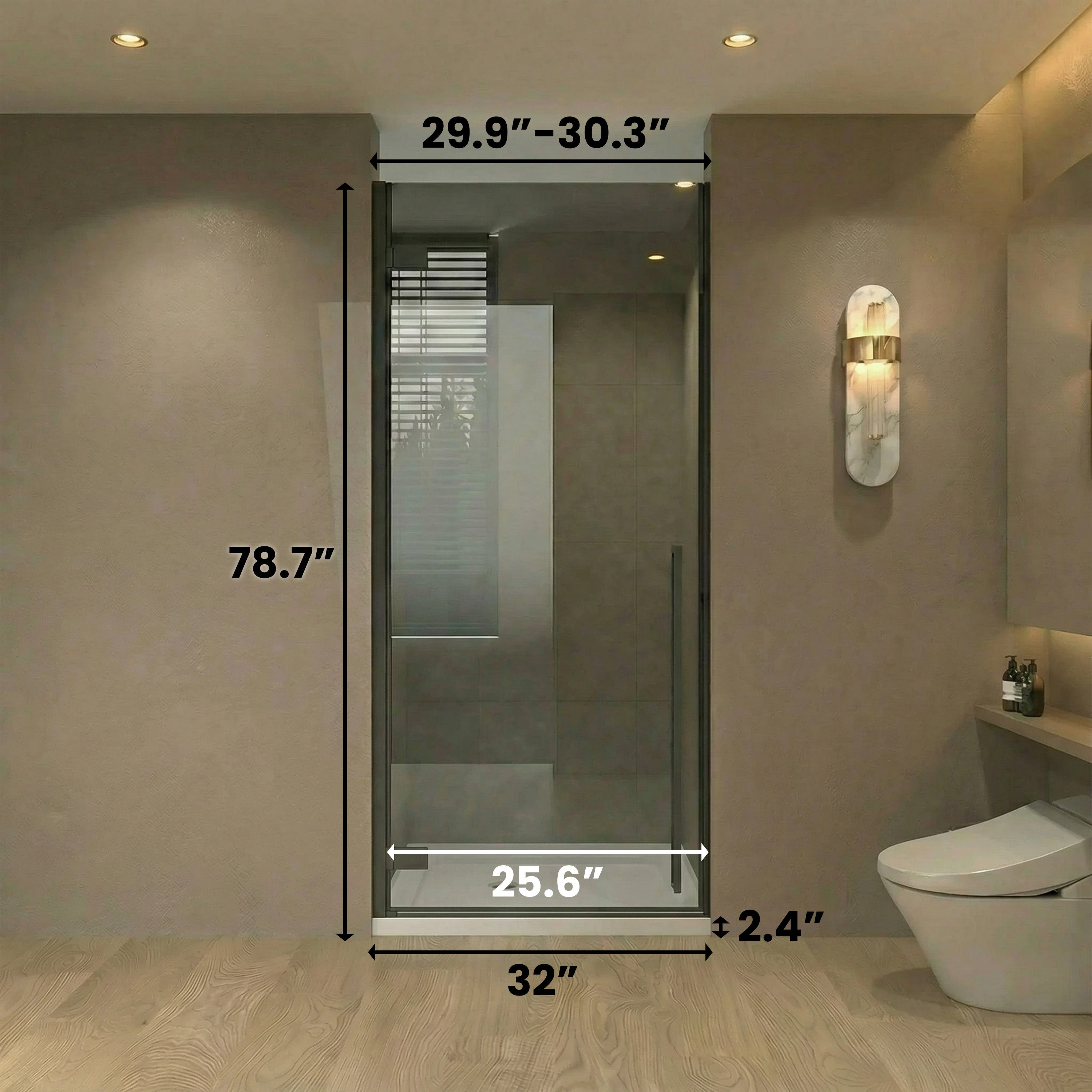 32" x 79" Reversible Pivot Shower Door in Matte Black with Black Tinted Glass and 32" x 32" Glossy White Acrylic Shower Base with Corner Drain