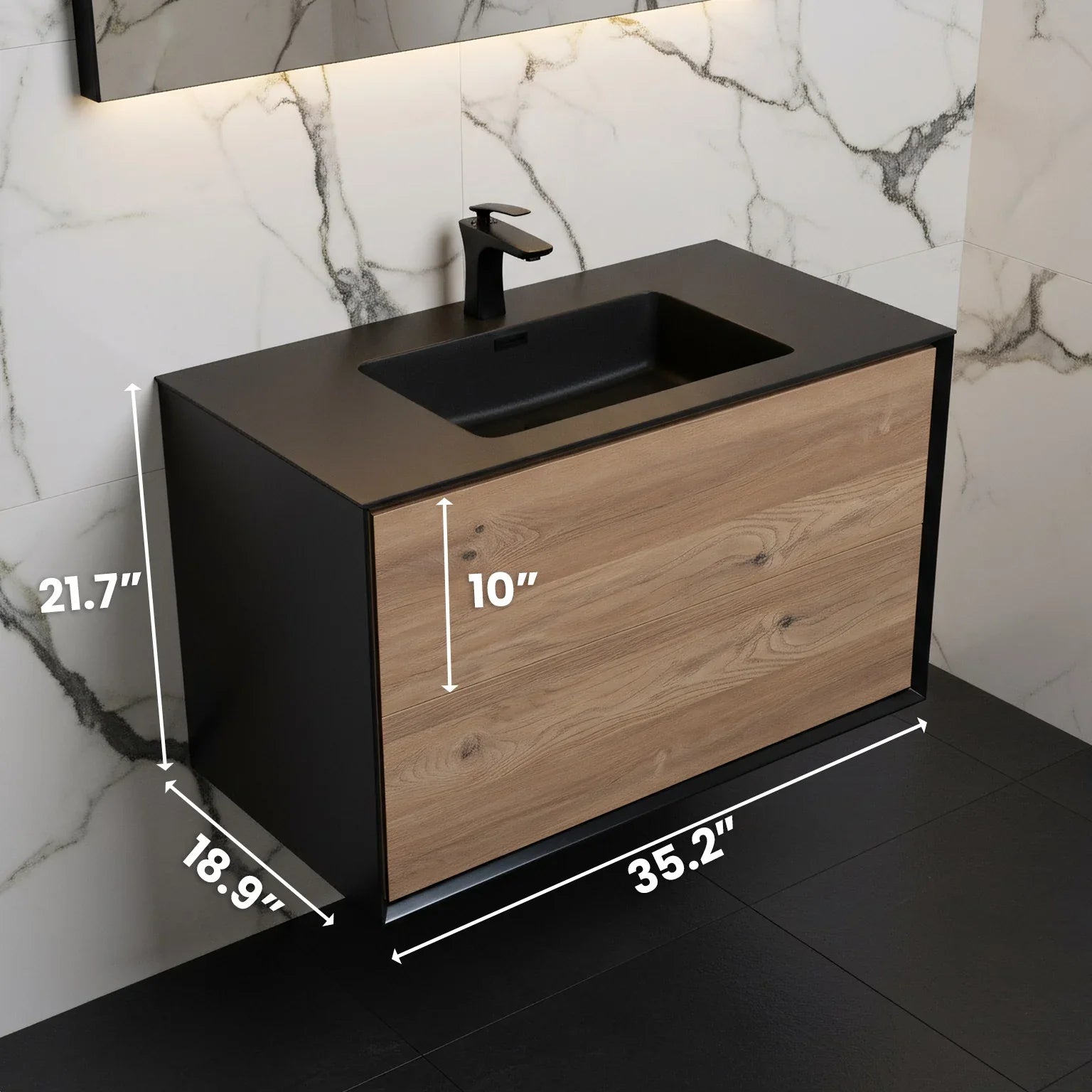 36" Black & Rough Oak Wall Mount Bathroom Vanity with Black Engineered Quartz Countertop Fleur