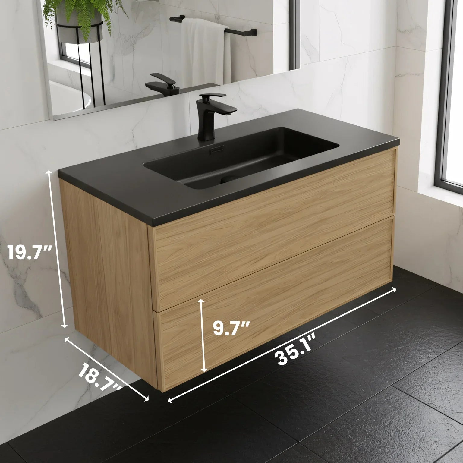 36" Sunset Walnut Wall Mount Bathroom Vanity with Black Engineered Quartz Countertop - Luxe Collection