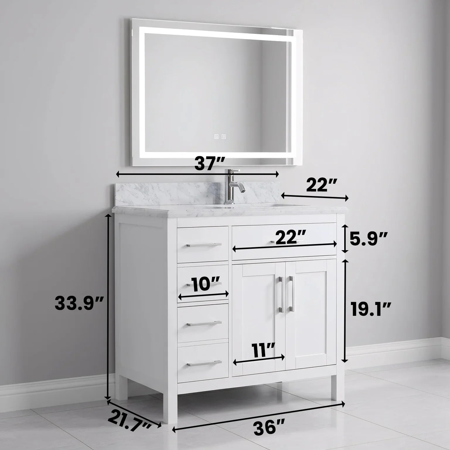 36" White Freestanding Single Sink Bathroom Vanity with Carrera Marble Countertop