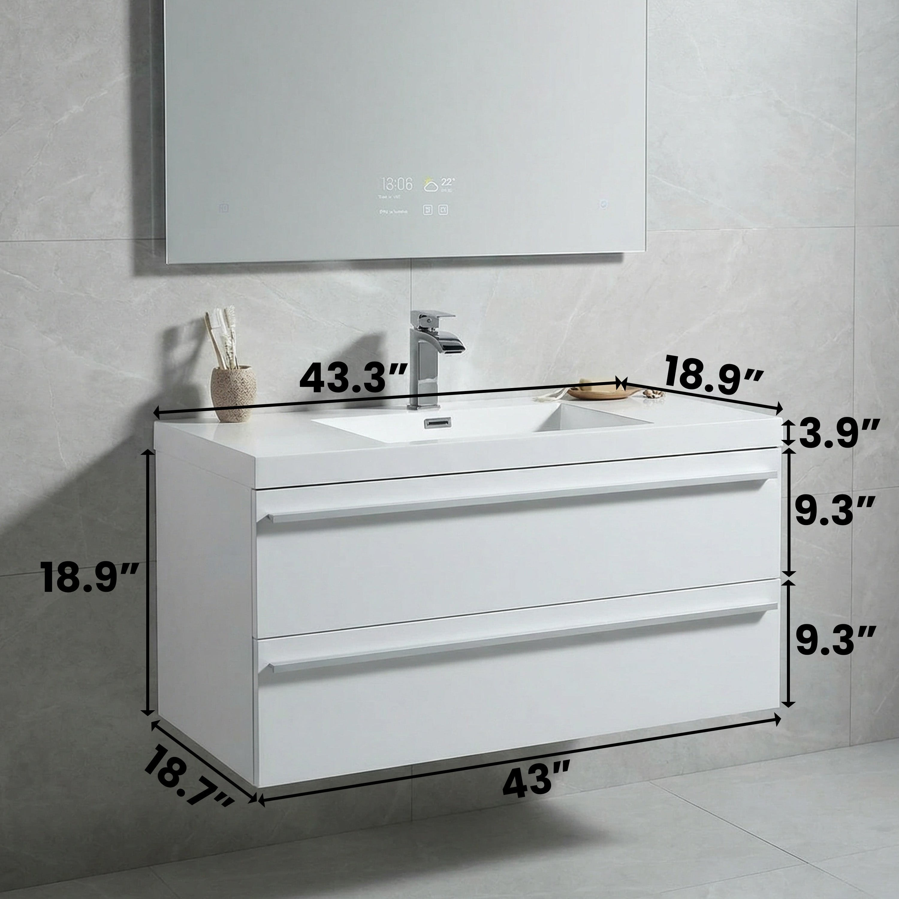 42" White Wall Mount Bathroom Vanity with White Polymarble Countertop
